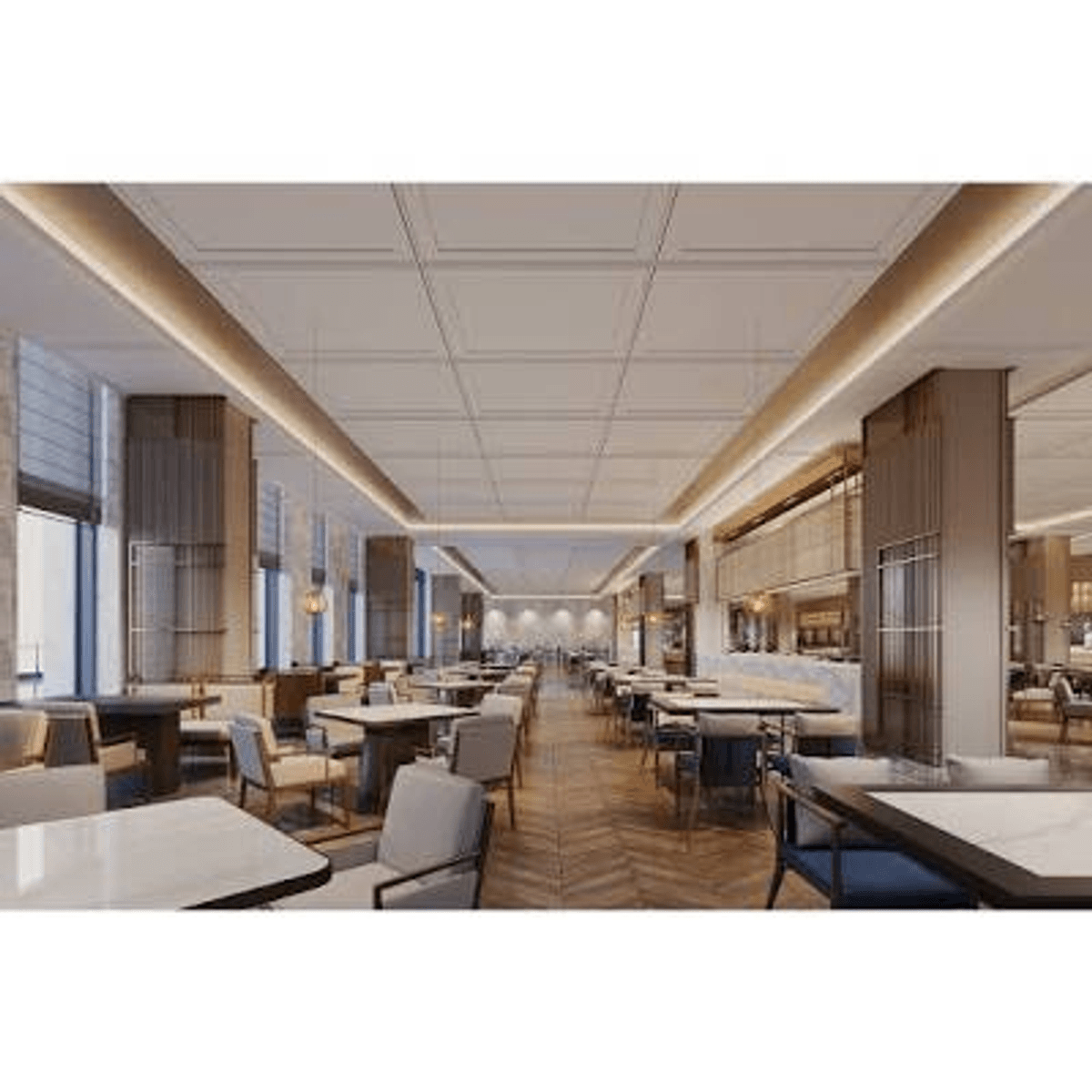 A long, bright dining hall with many tables and chairs, illuminated by ceiling lights.