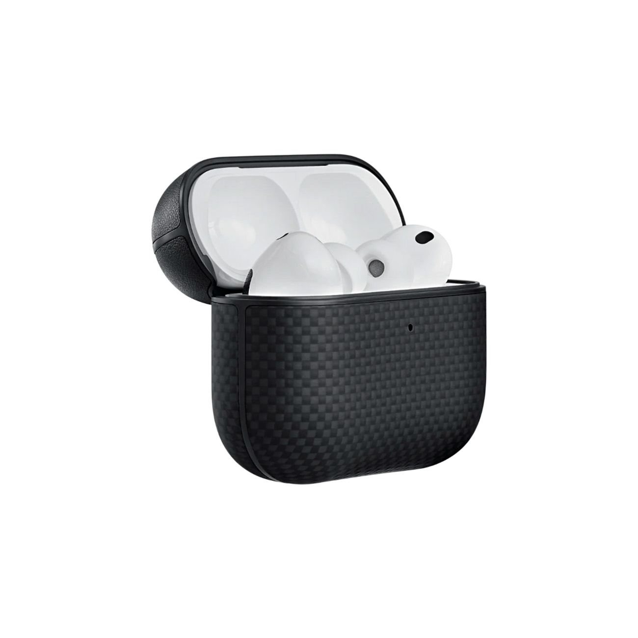 Un estuche abierto de carbono negro con auriculares blancos dentro.