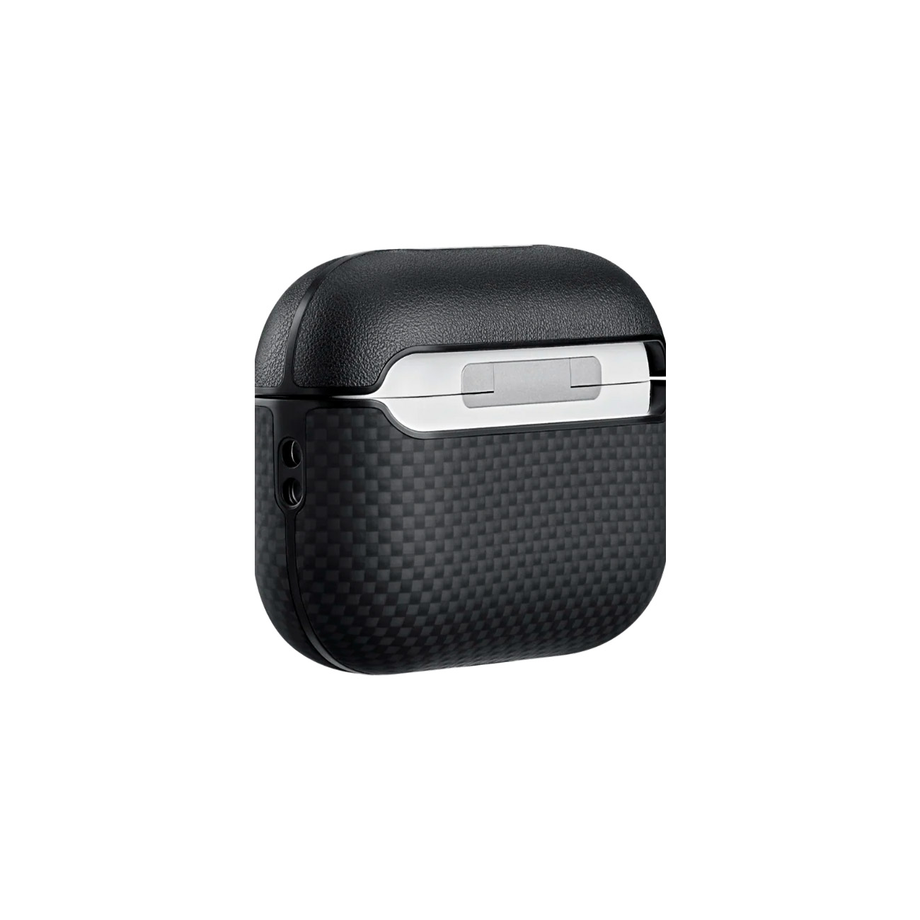 Funda negra texturizada de fibra de carbono para AirPods Pro. Acentos plateados.