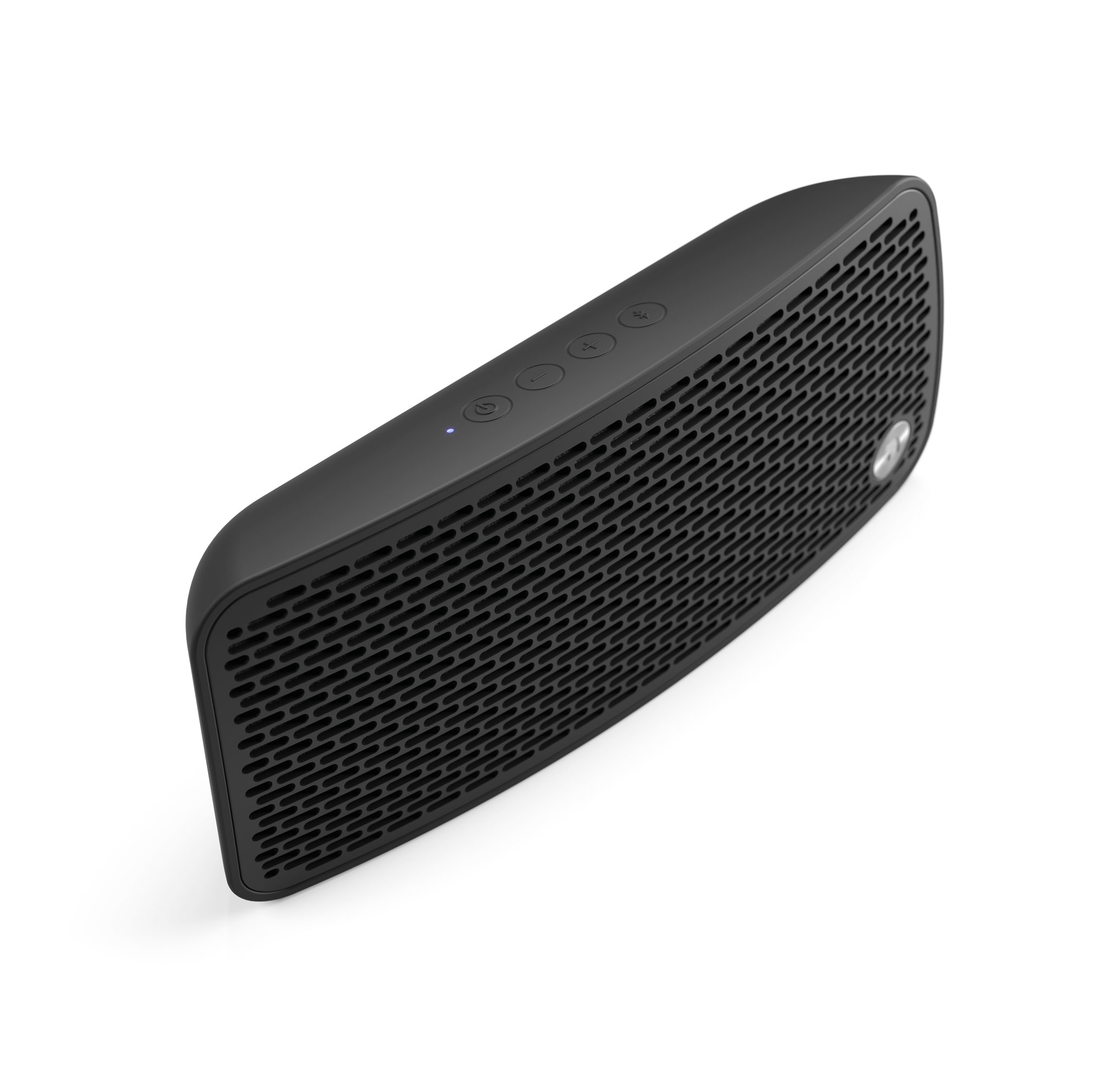 Enceinte Bluetooth noire avec motif grillagé et boutons de commande.
