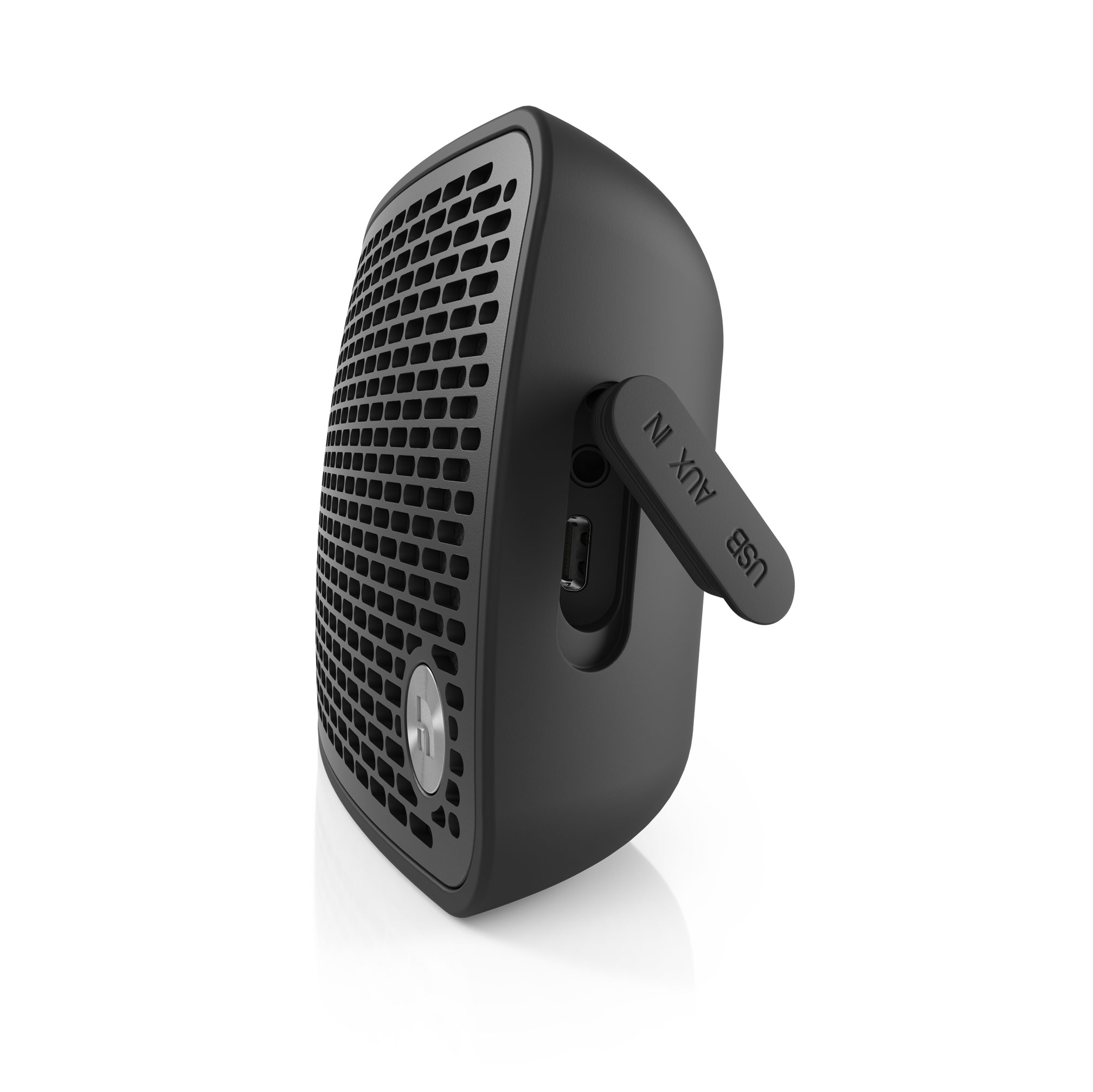 Haut-parleur noir avec grille et ports (USB, AUX IN).