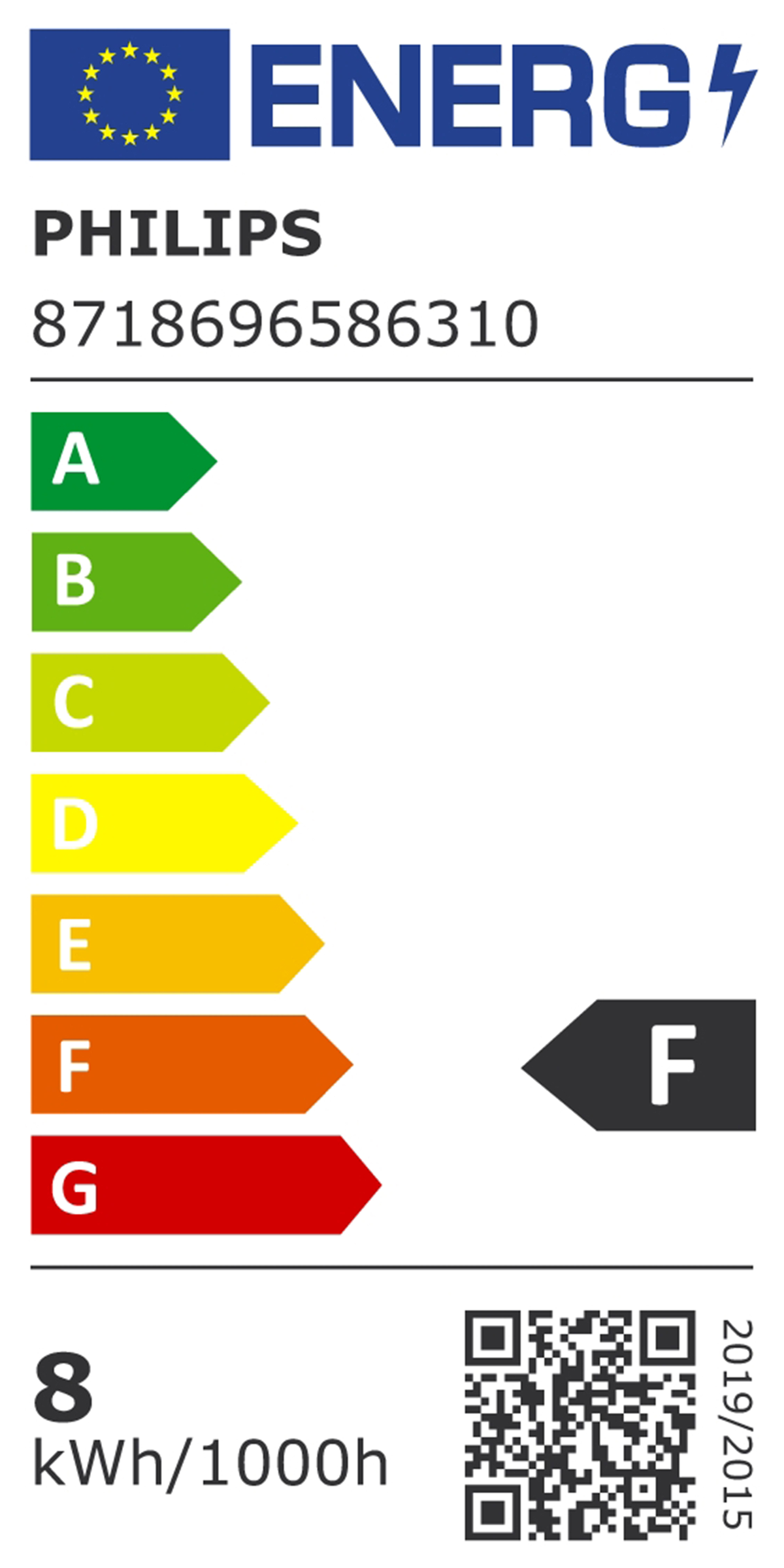 Philips energy label, class F, 8 kWh/1000h.