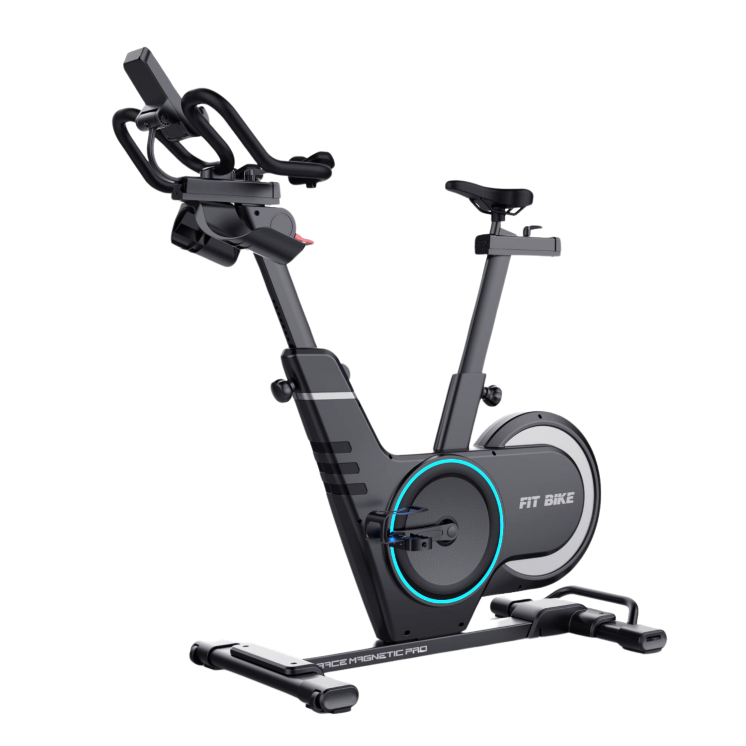 Un vélo d'exercice noir avec un anneau lumineux bleu et la marque 'FIT BIKE'.