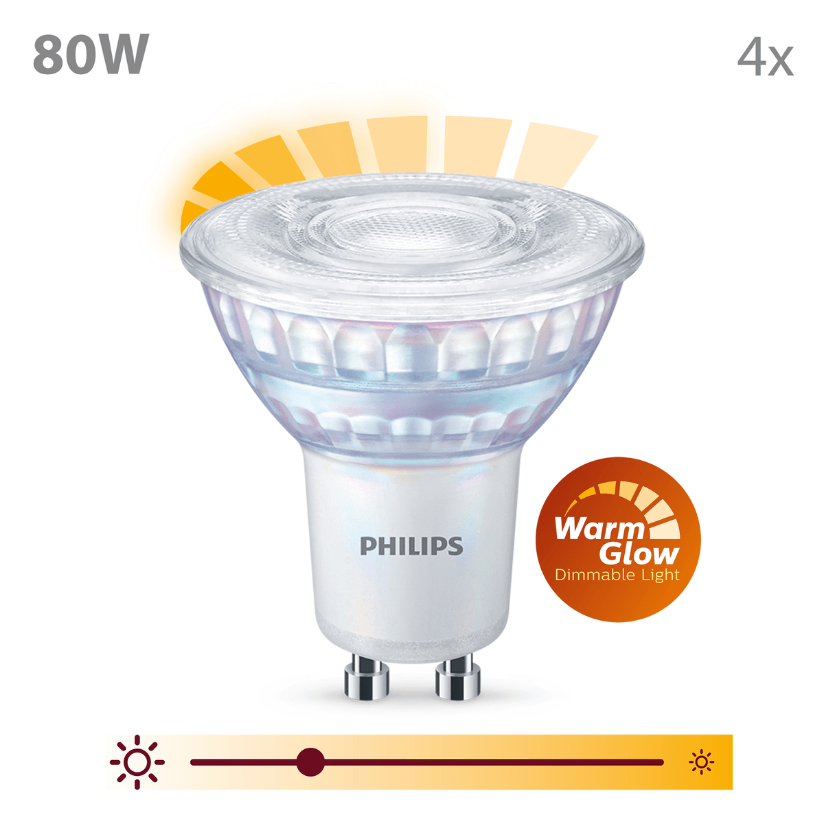 A Philips 80W LED bulb with warm glow, dimmable, pack of 4.