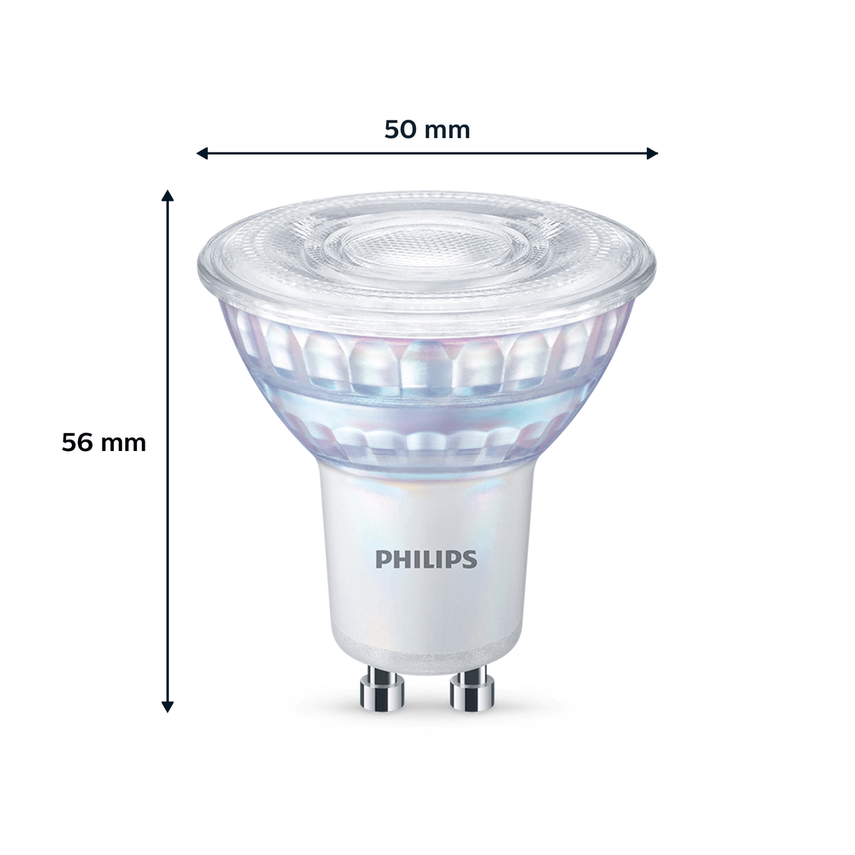 A Philips GU10 LED bulb, 56mm tall and 50mm wide.