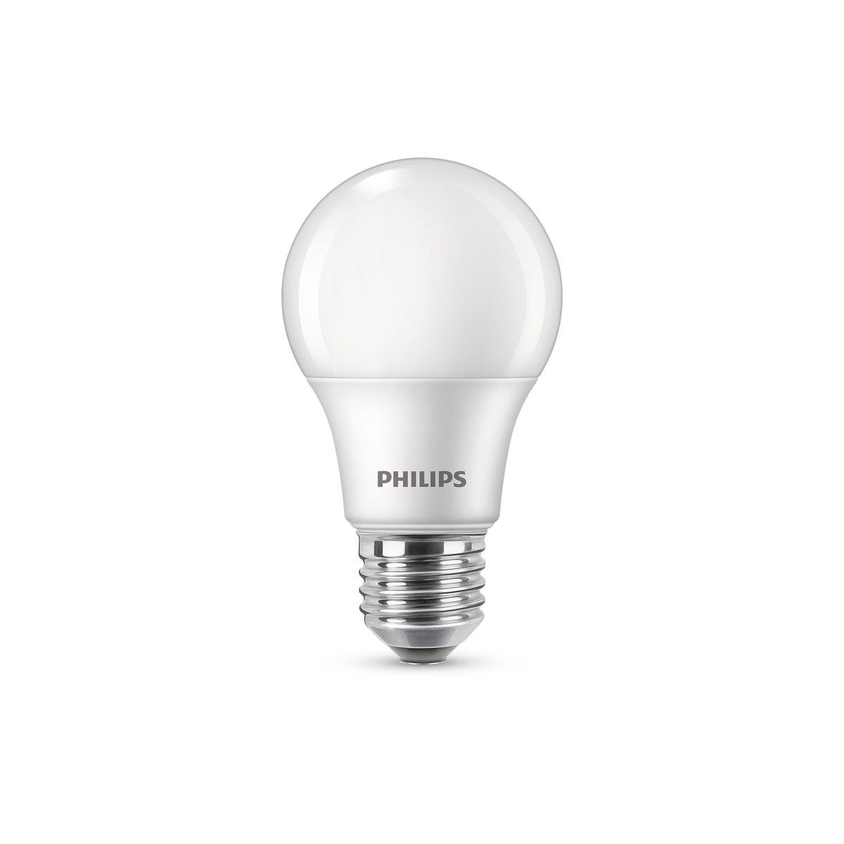 Une ampoule LED Philips blanche avec une base argentée sur fond blanc.