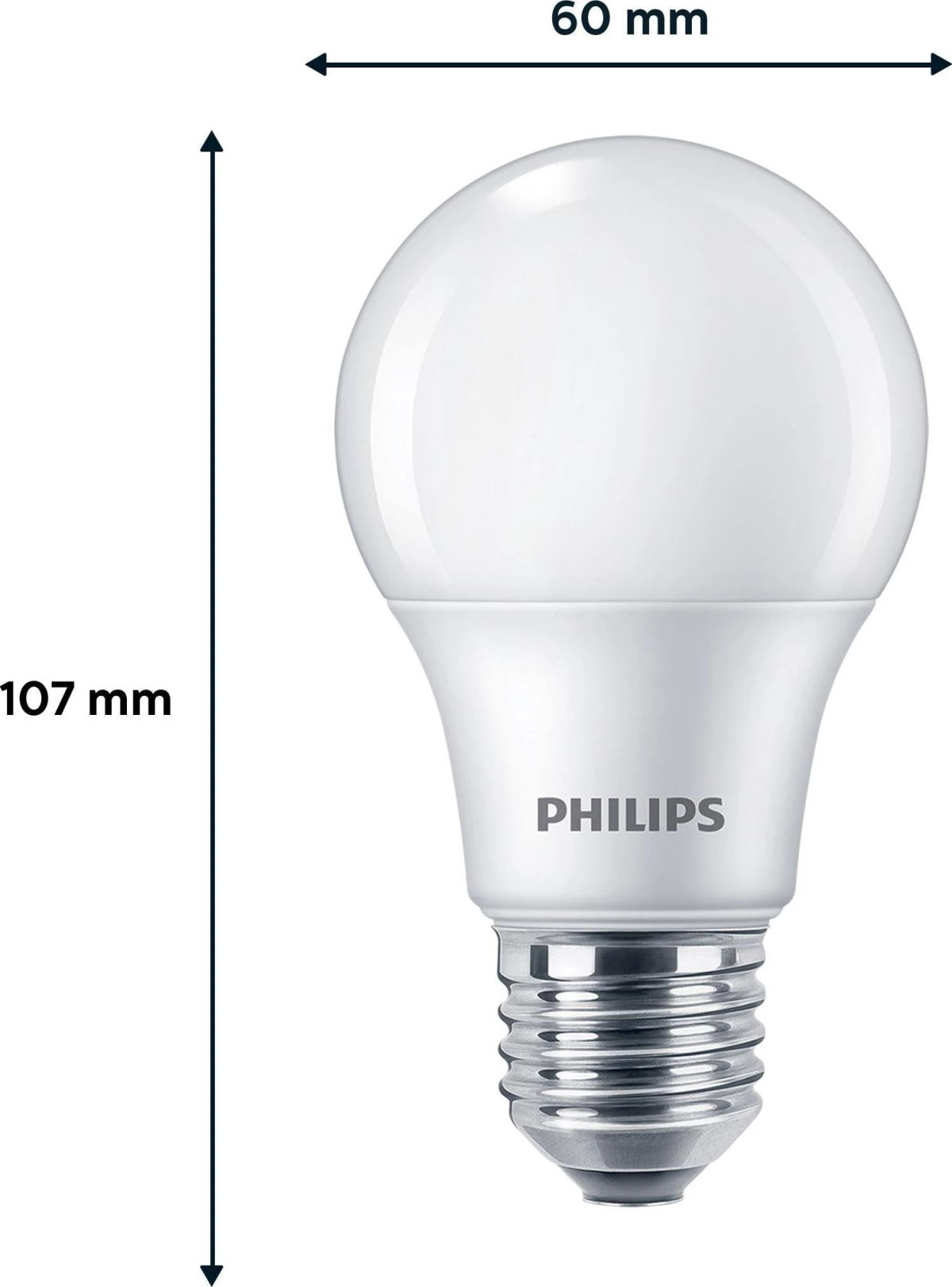 Ampoule LED Philips blanche, 107 mm de haut, 60 mm de large.