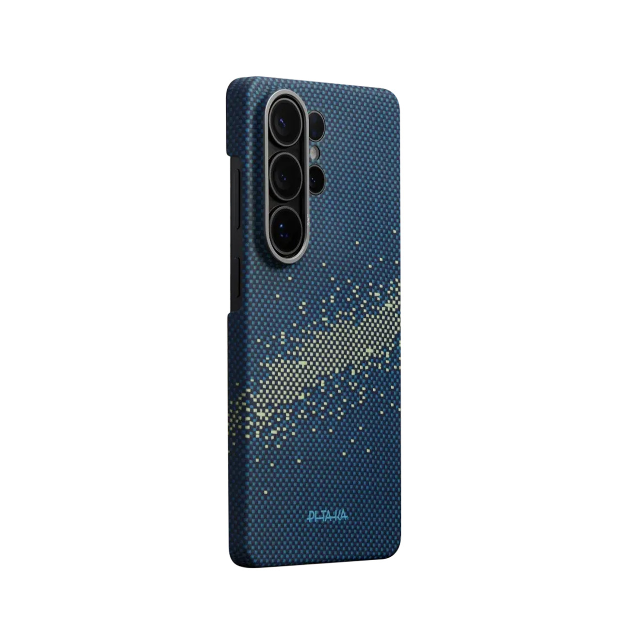 Funda de teléfono azul oscuro con patrón de puntos y lentes de cámara arriba.