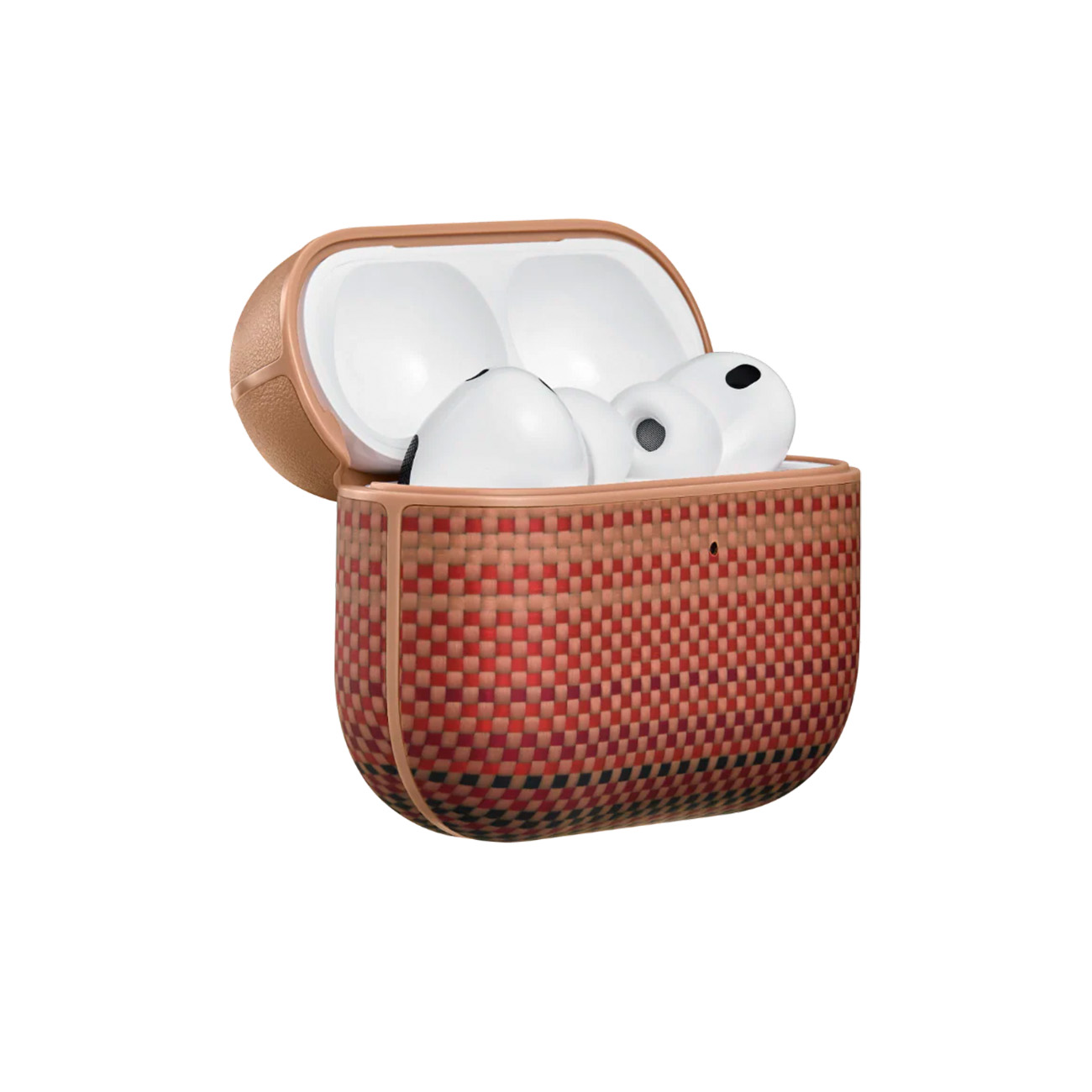 Auriculares blancos dentro de una funda abierta y tejida con patrones rojos y marrones.