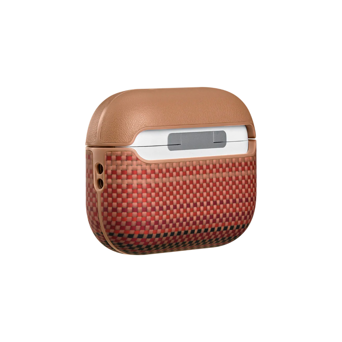Funda de cuero marrón con patrón a cuadros rojos para auriculares. Raya blanca arriba.