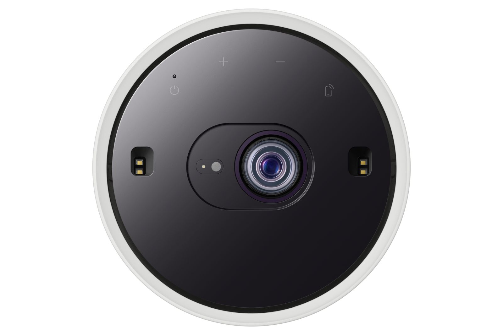 Un projecteur rond avec objectif de caméra, boutons de commande et ports de charge.