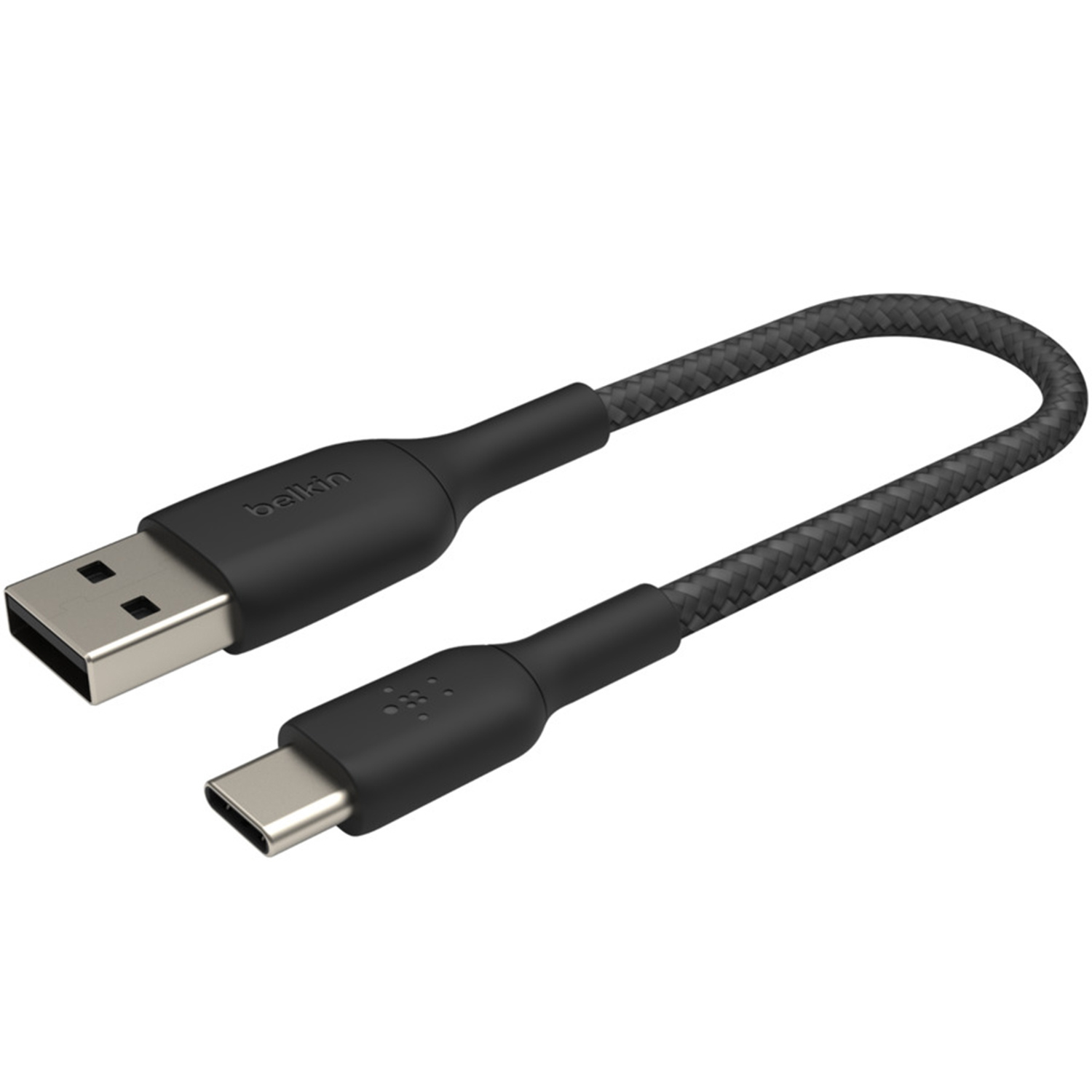 Zwarte USB-A naar USB-C kabel met gevlochten mantel.