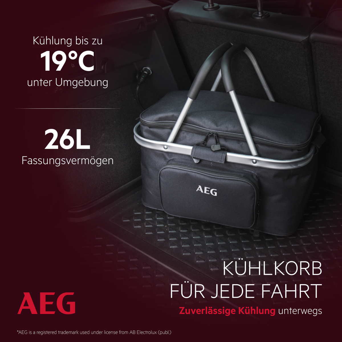 Schwarzer Kühltasche mit 26L Fassungsvermögen, 19°C Kühlung, in einem Auto.
