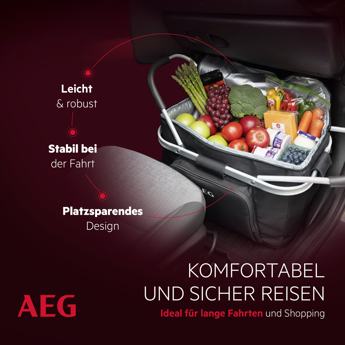 AEG Einkaufstasche gefüllt mit Lebensmitteln auf einem Autositz. Merkmale: leicht, robust, stabil.