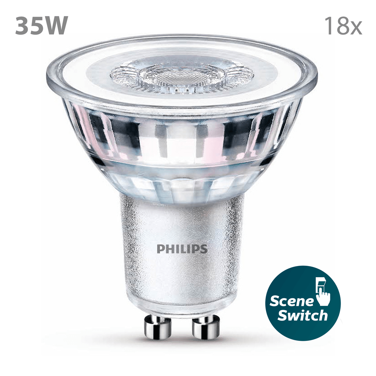 A 35W light bulb with Philips logo and 'Scene Switch' icon.