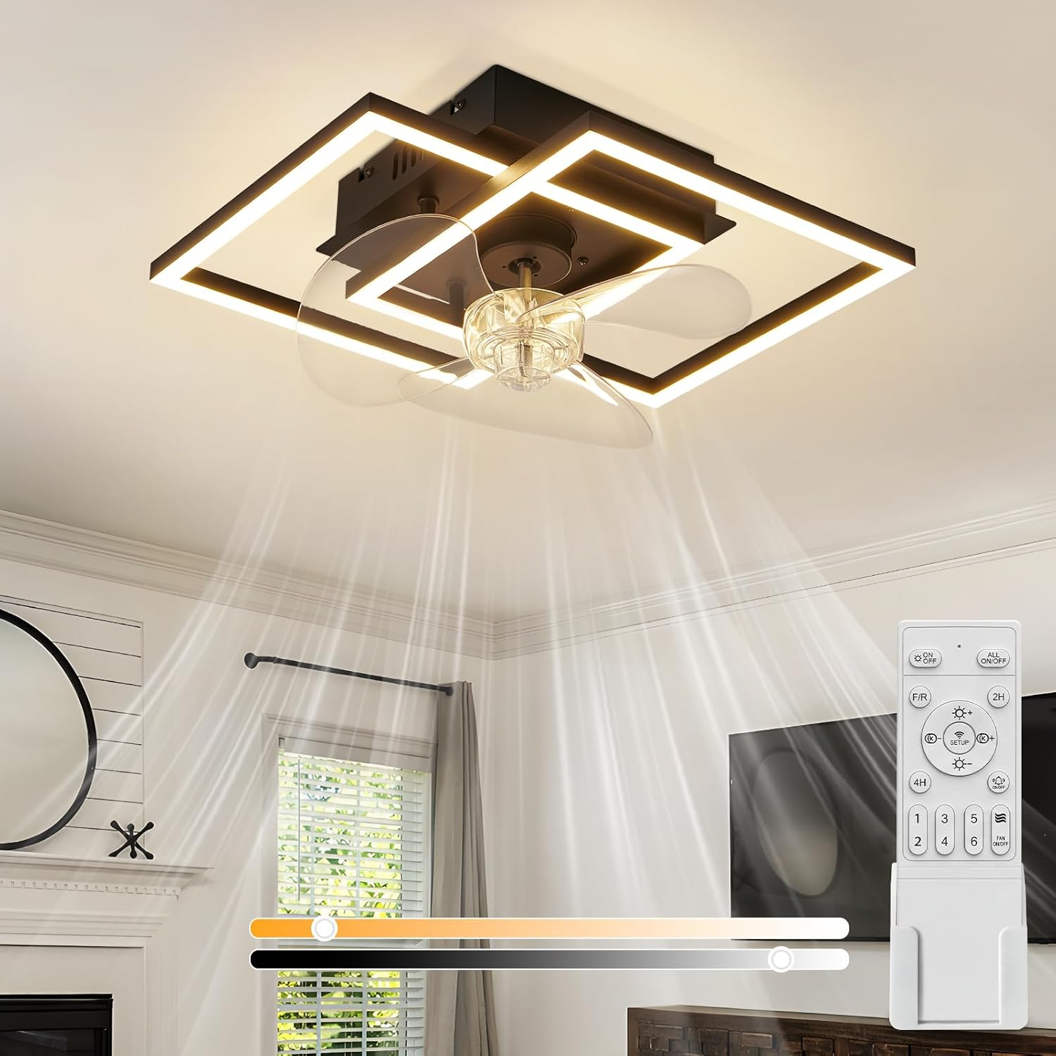 Ventilatore da soffitto con cornice luminosa quadrata e telecomando.