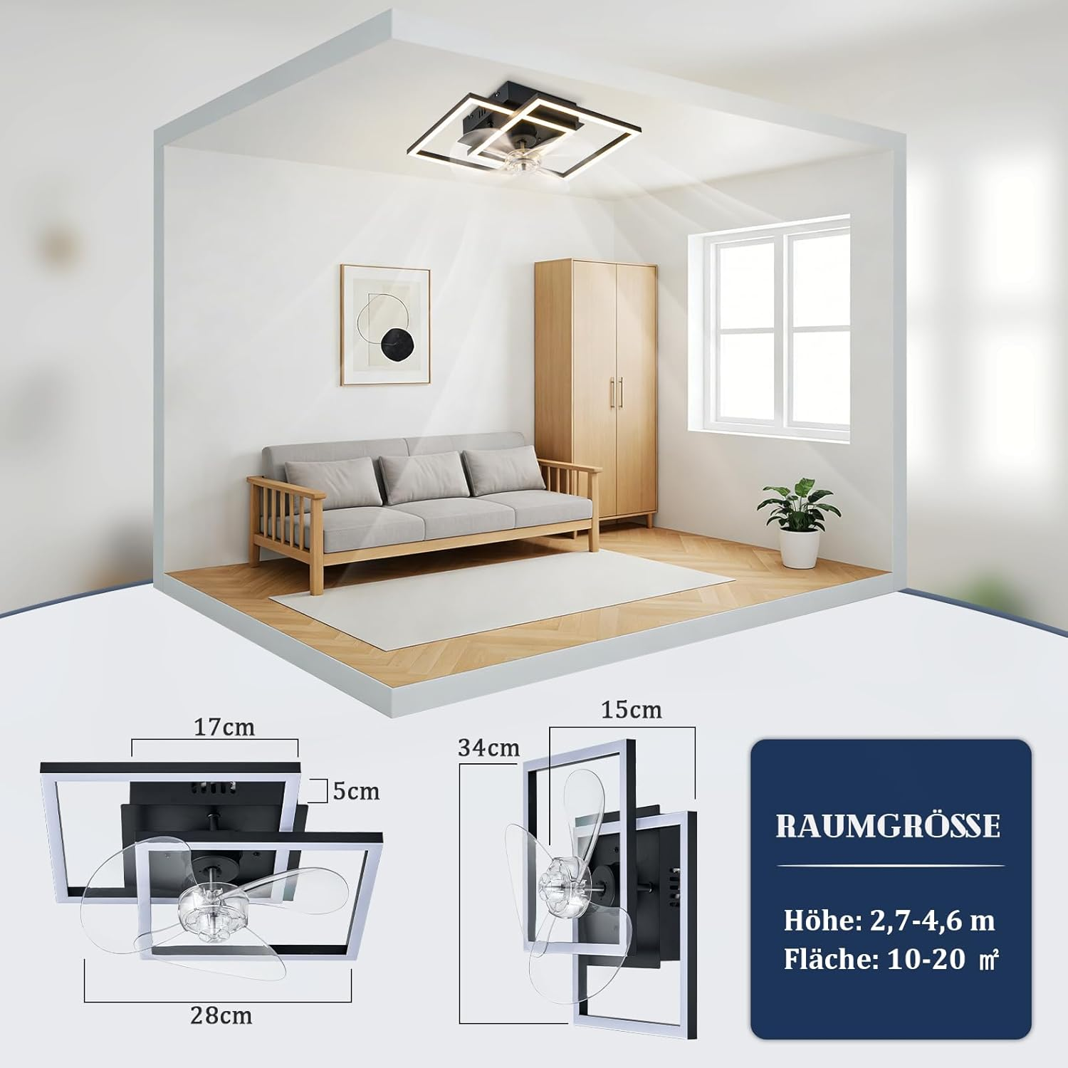 Un soggiorno con divano, armadio, finestra e lampada ventilatore da soffitto.