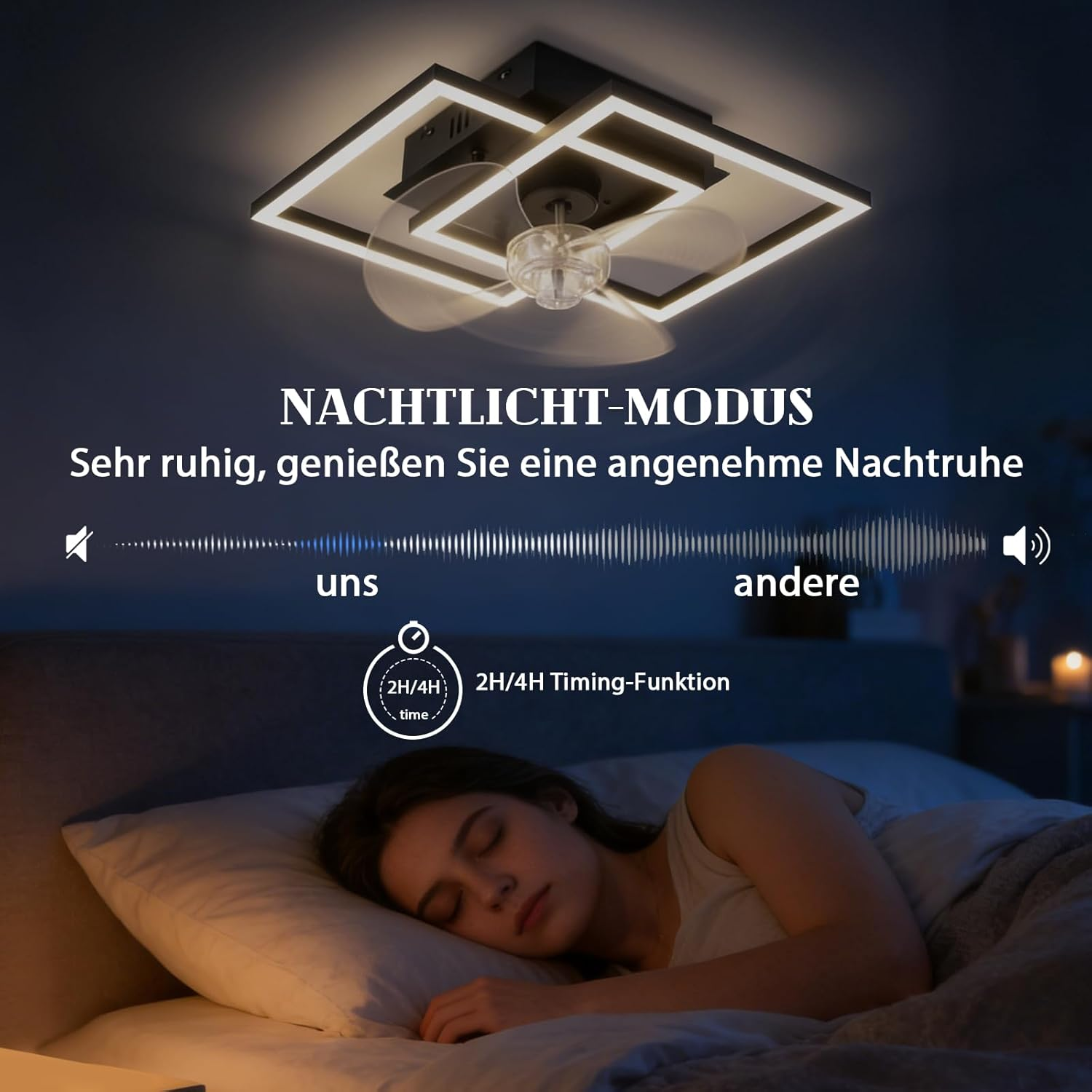 Lampada da soffitto con ventilatore in modalità luce notturna sopra persona addormentata.