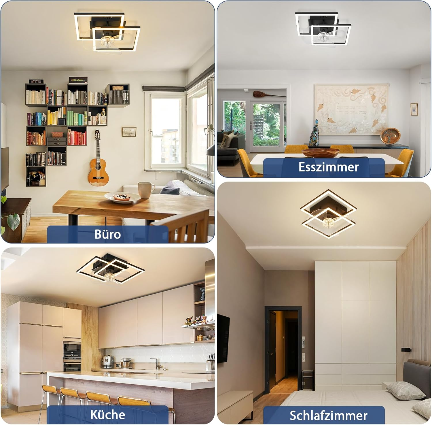 Quattro stanze: ufficio con libreria e chitarra, sala da pranzo, cucina e camera da letto con armadio.