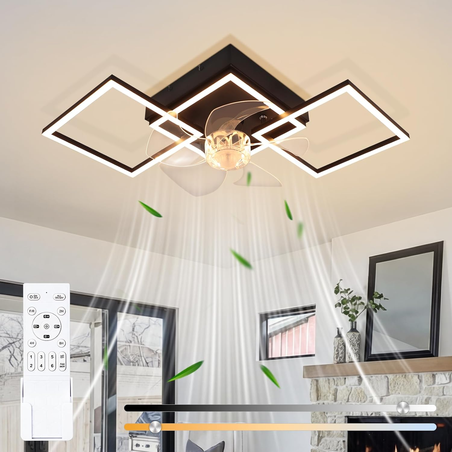 Lampadario moderno con ventilatore, telecomando e impostazioni di luce.