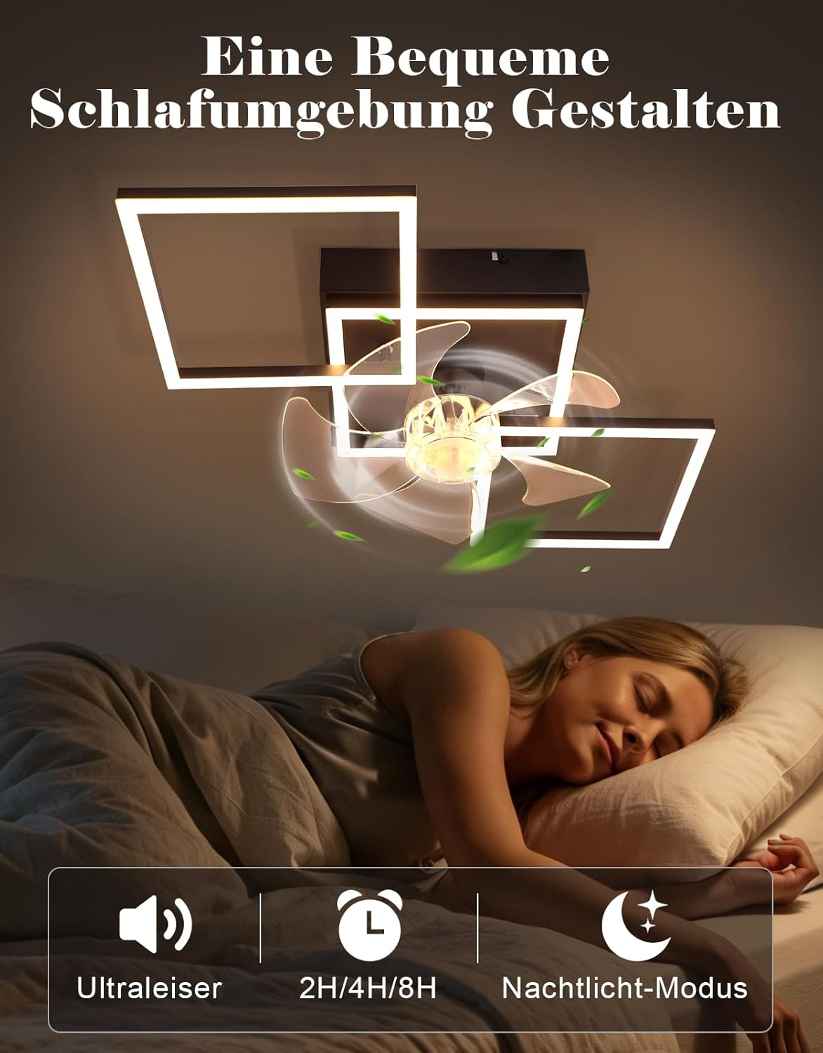 Lampada da soffitto con ventilatore sopra donna che dorme. Silenziosa, timer, luce notturna.