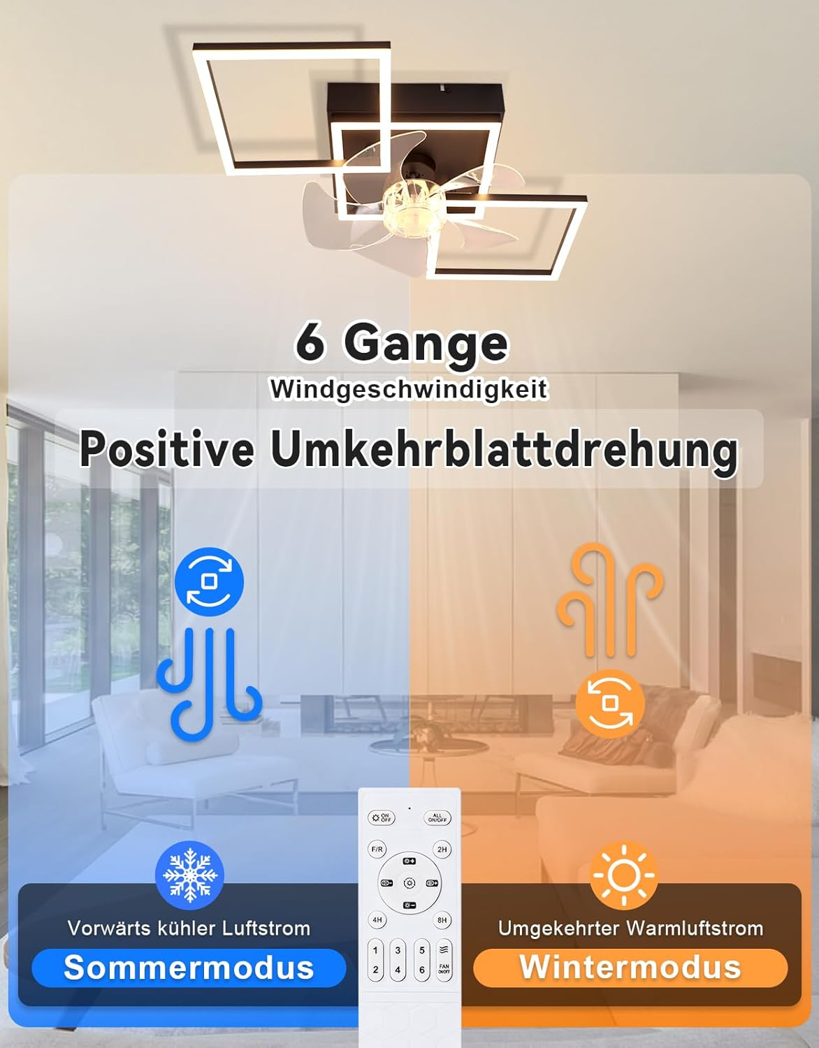 Ventilatore da soffitto con luce e telecomando, modalità estiva fresca e invernale calda.