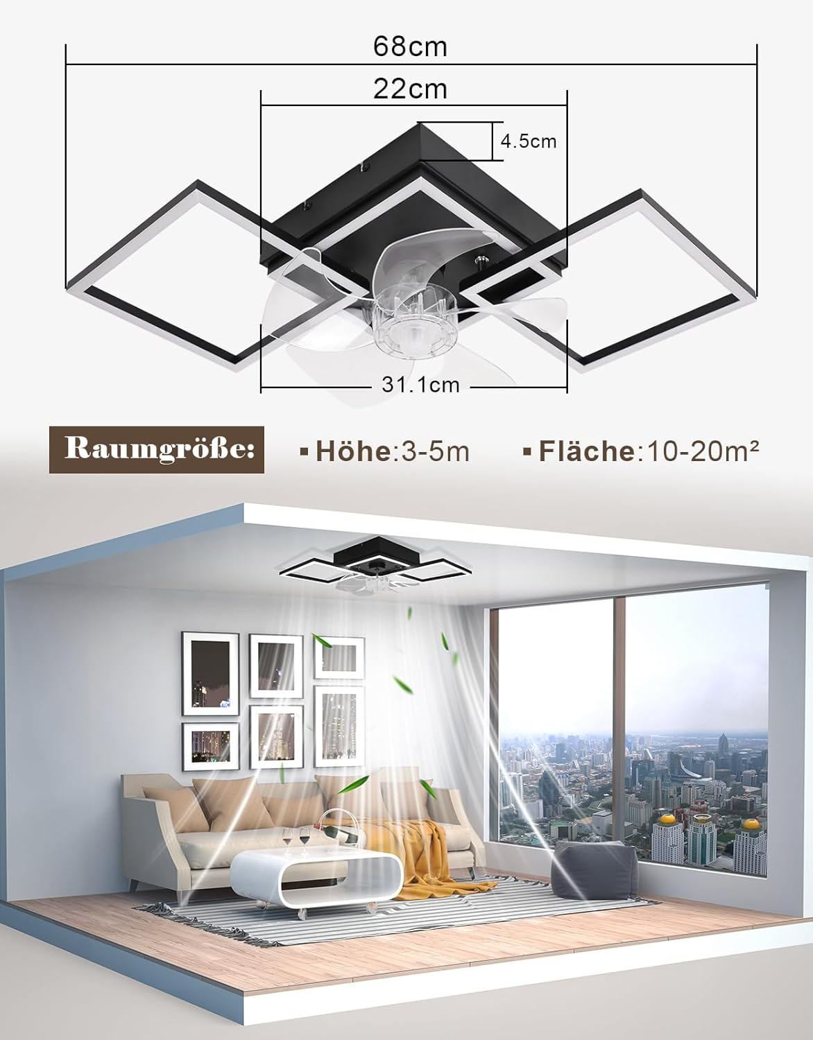 Ventilatore da soffitto con luce sopra divano in soggiorno moderno con vista città.