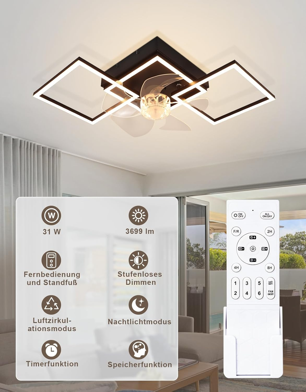 Plafoniera moderna con ventilatore, telecomando e illuminazione LED.