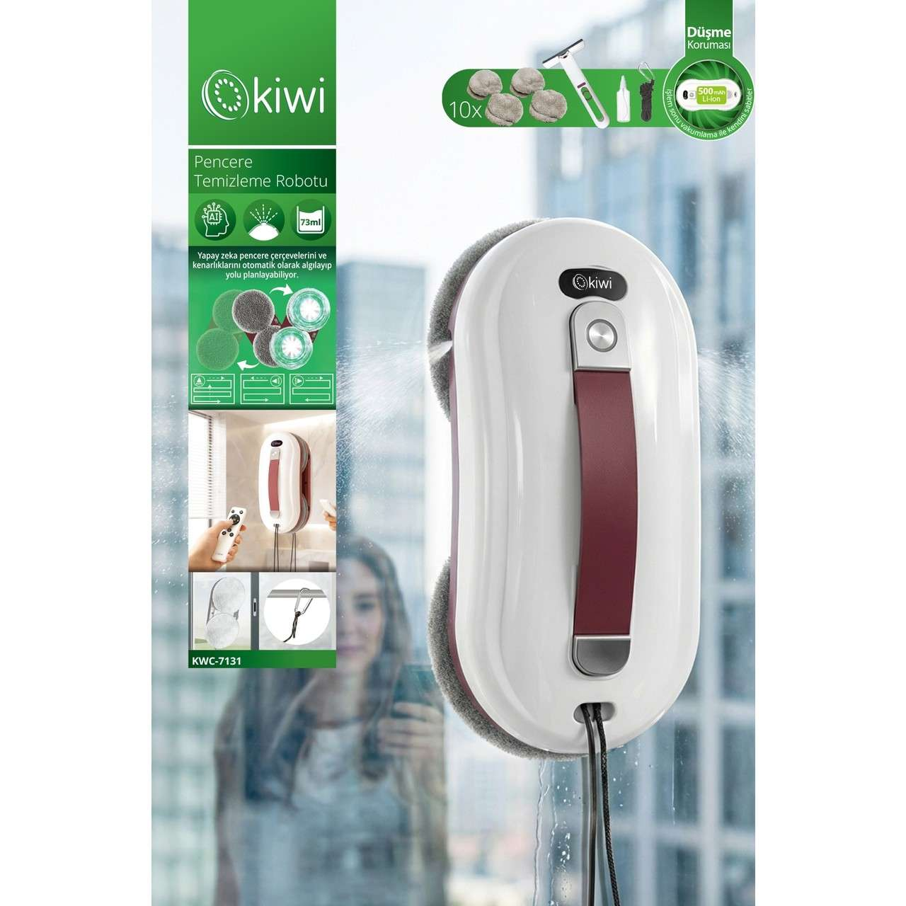 Kırmızı saplı beyaz Kiwi pencere temizleme robotu pencereye su püskürtüyor.