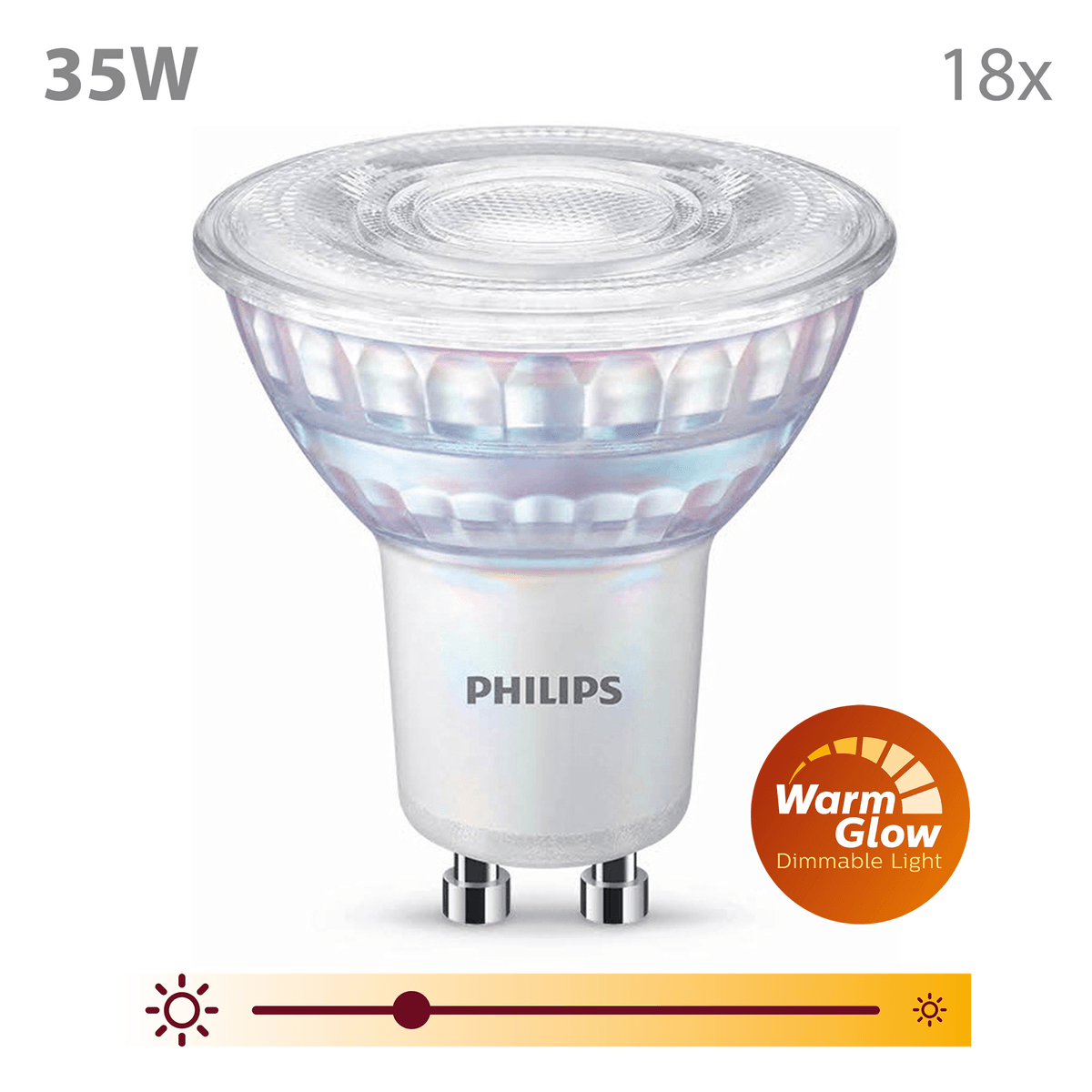 A Philips 35W light bulb with Warm Glow Dimmable Light.