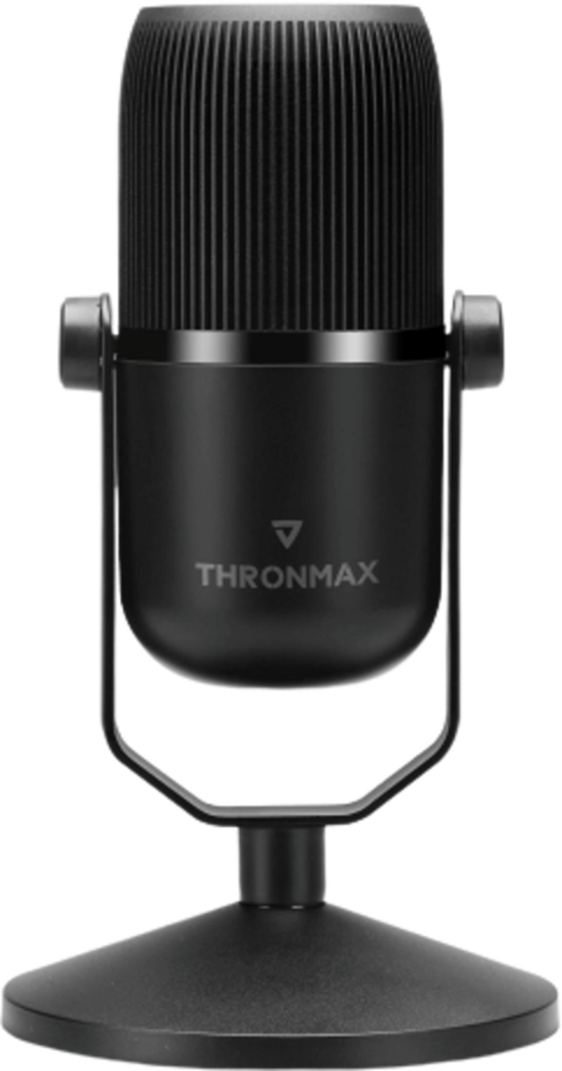 Un microfono Thronmax nero su un supporto con base circolare.