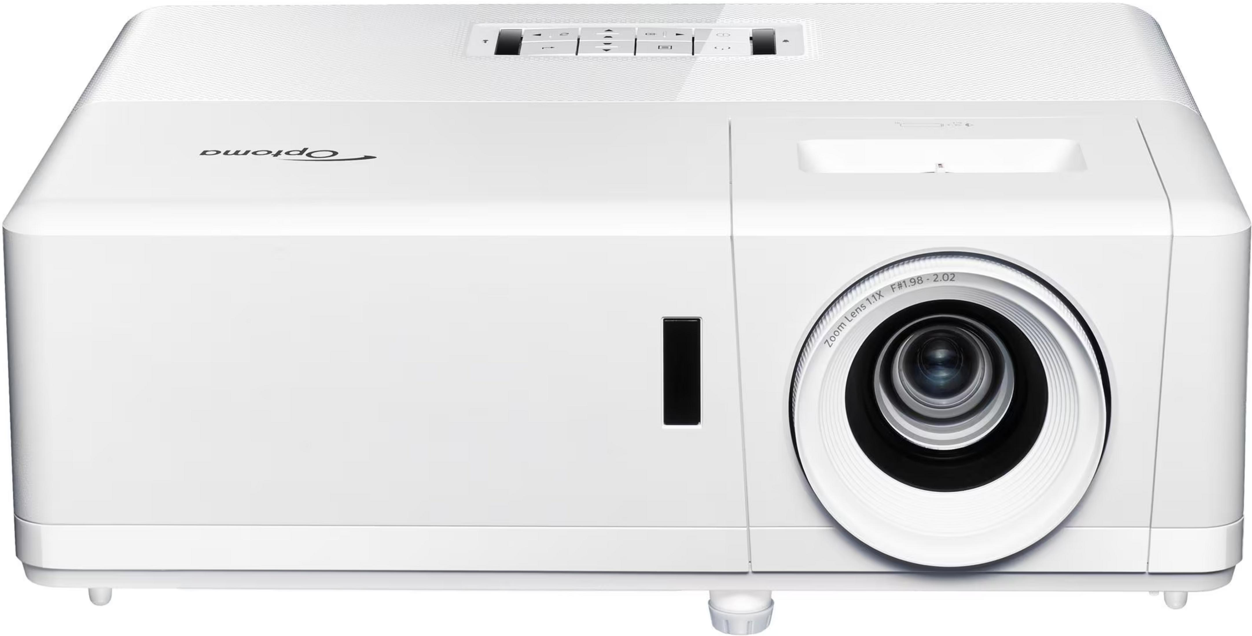 Un proiettore Optoma bianco che mostra obiettivo e pulsanti di controllo.