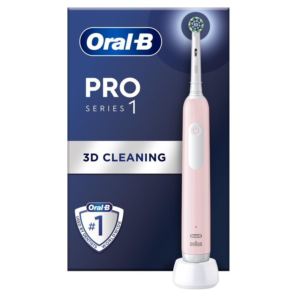 Şarj istasyonu ve "3D Cleaning" logosuna sahip pembe bir Oral-B Pro Series 1 elektrikli diş fırçası.