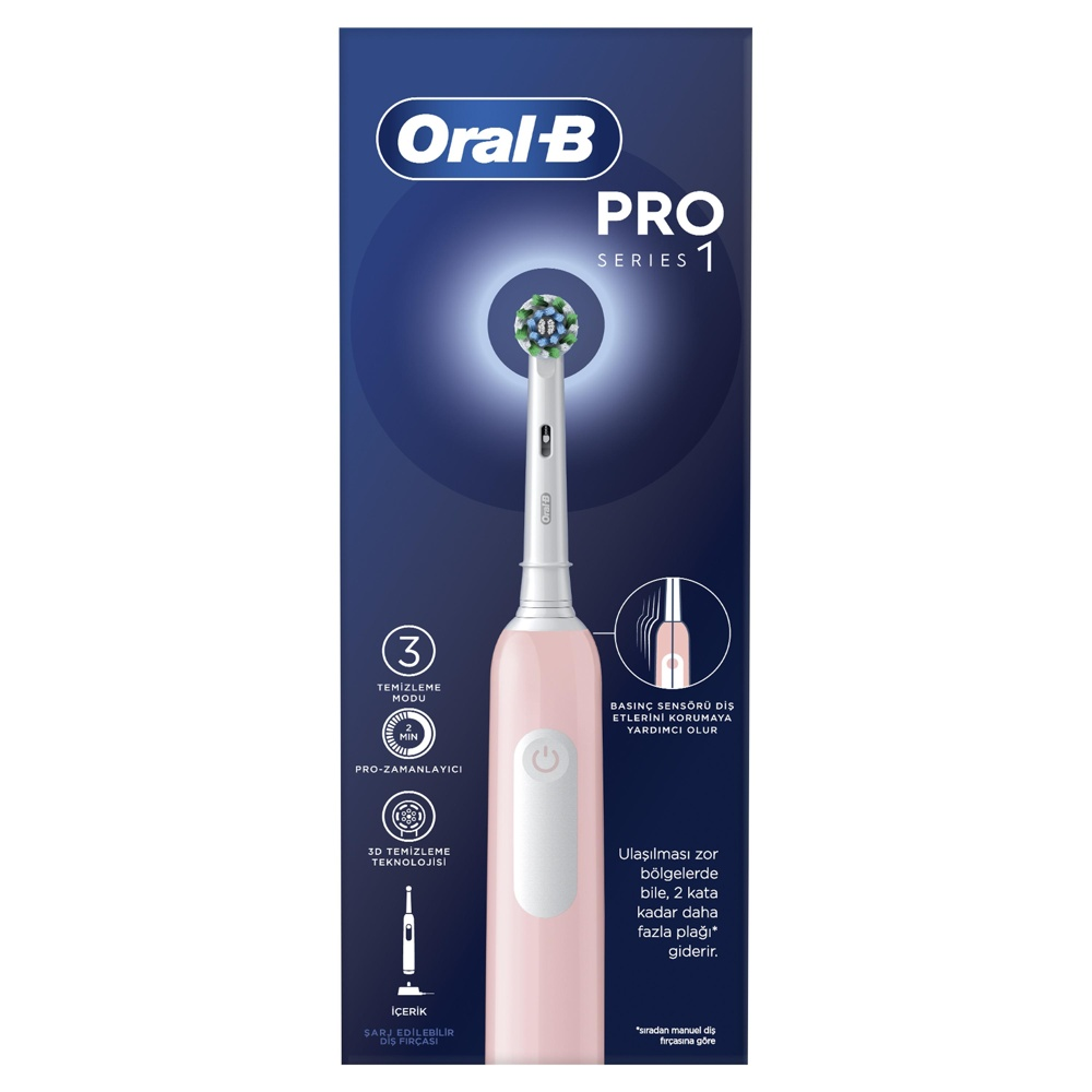 Mavi ve yeşil fırça başlığına sahip pembe Oral-B Pro Series 1 elektrikli diş fırçası.
