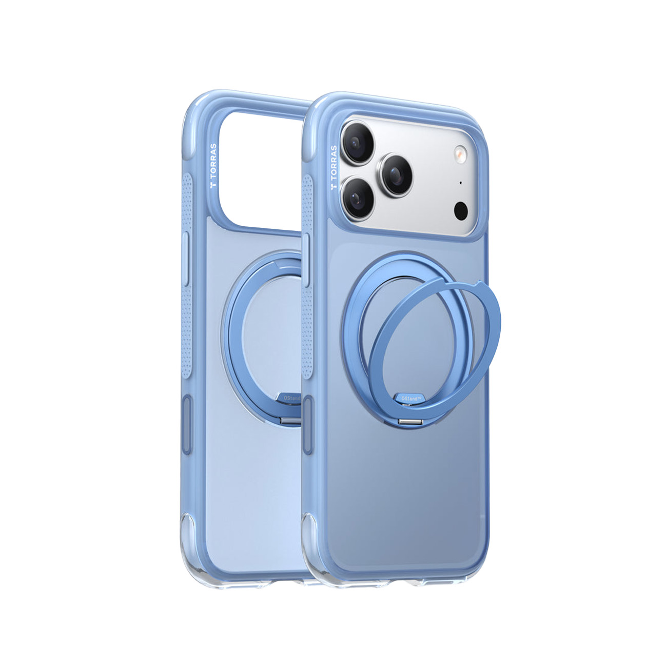 Dos fundas azules para iPhone con recortes de cámara y soportes de anillo. Una funda está abierta.