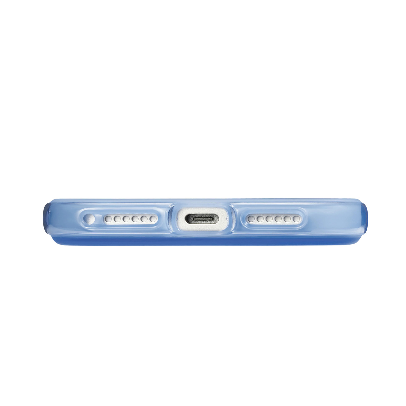 Vista inferior de una funda de teléfono azul claro con puerto de carga y orificios.