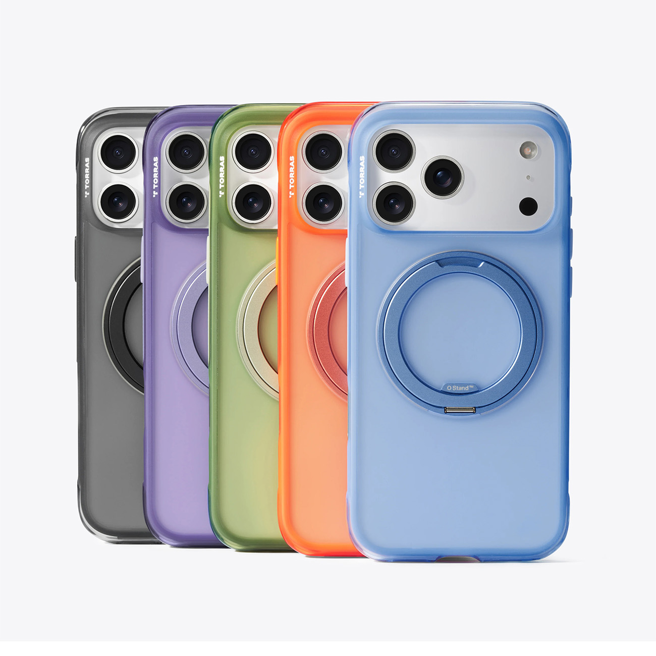 Cinco fundas de iPhone en gris, morado, verde, naranja y azul, alineadas.