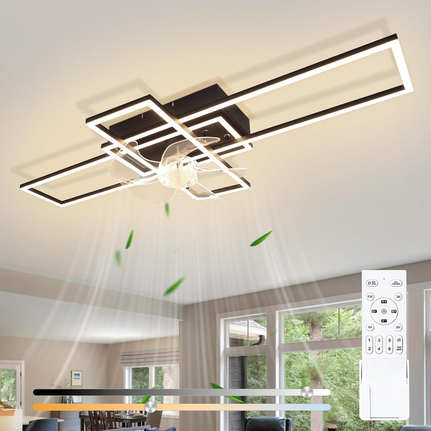 Moderna lampada da soffitto con ventilatore e telecomando sopra un soggiorno.