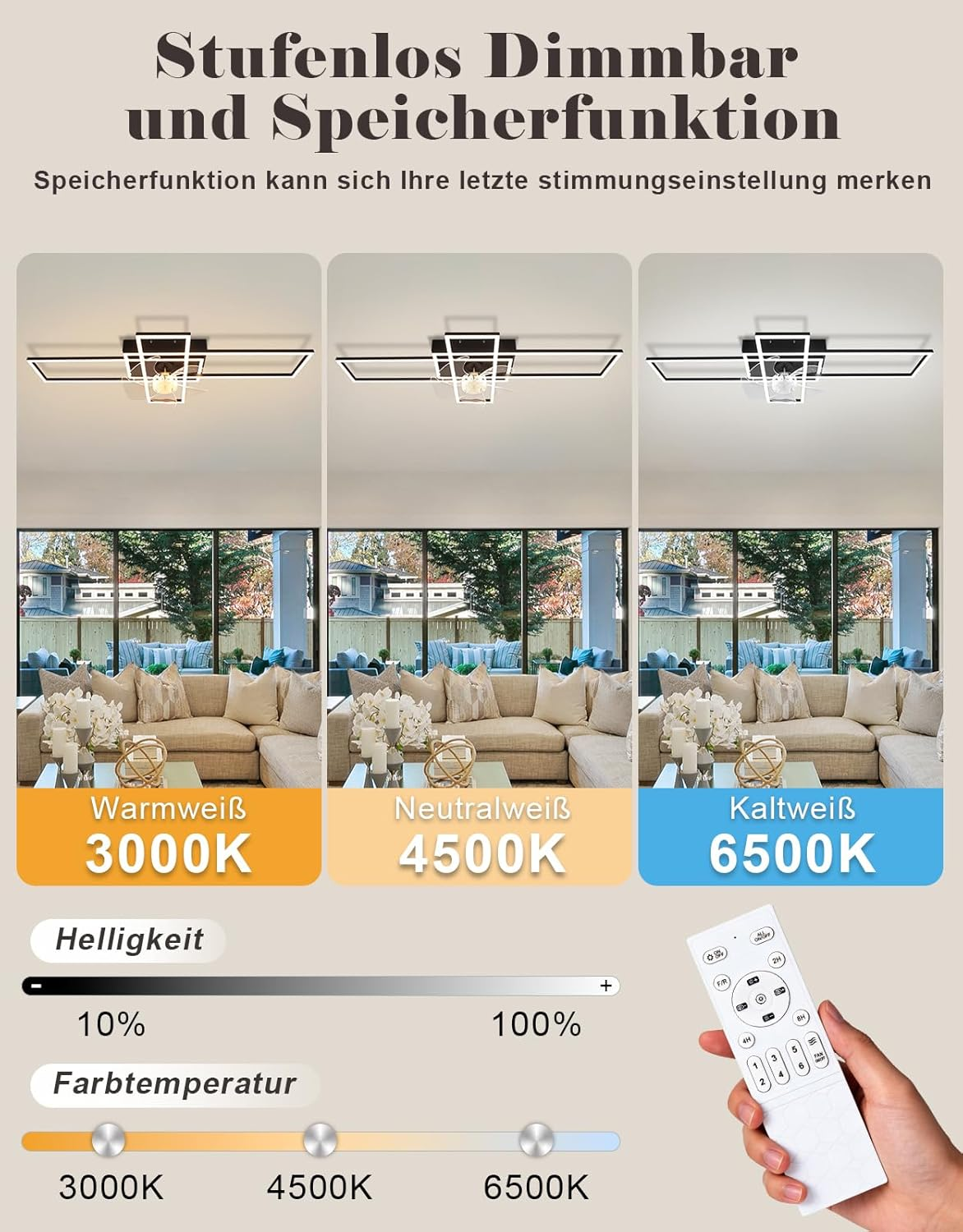 Lampada da soffitto con controllo colore e luminosità, tre modalità luce: Bianco caldo, Bianco neutro, Bianco freddo.