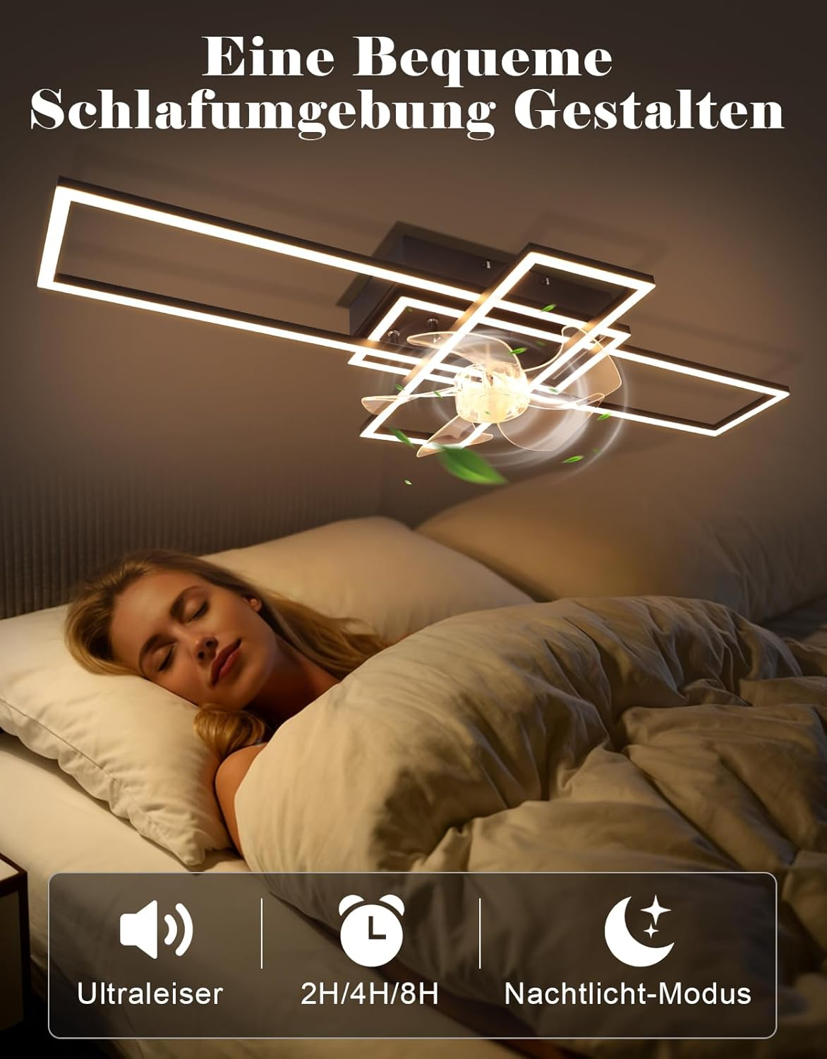 Una donna dorme pacificamente sotto una coperta. Sopra di lei fluttua una plafoniera con ventilatore.