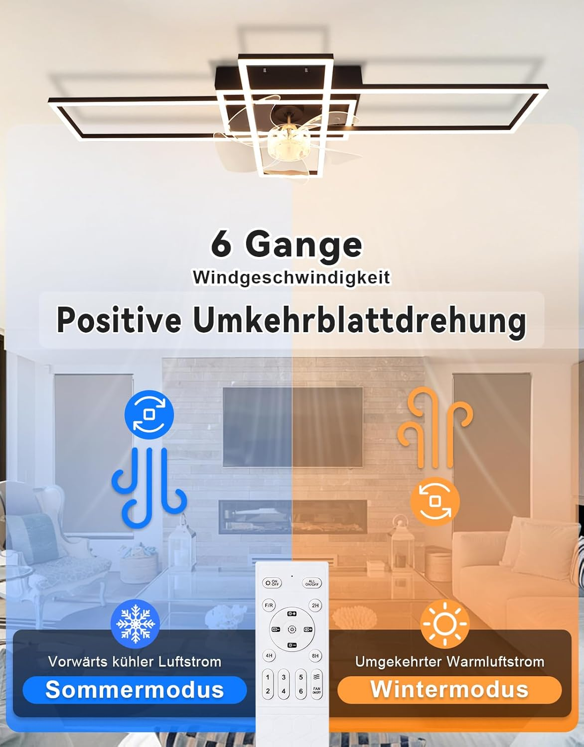 Ventilatore da soffitto con luce e telecomando per modalità estiva e invernale.