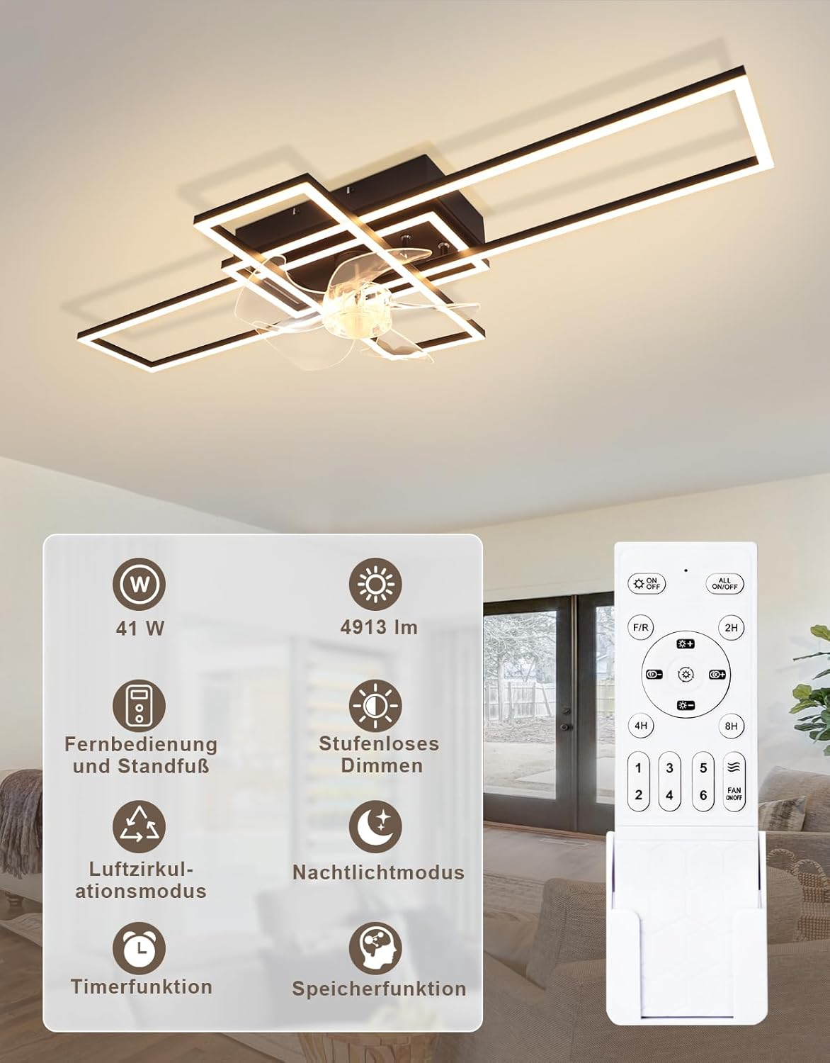 Lampada da soffitto moderna con ventilatore, telecomando e dettagli tecnici.