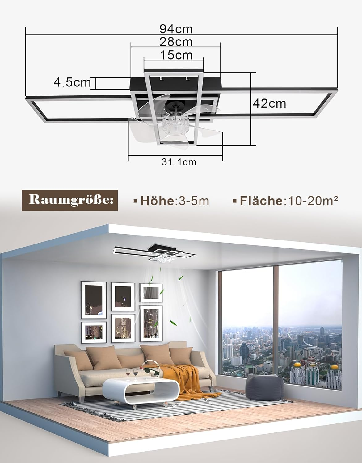 Lampada da soffitto moderna con ventilatore, dimensioni 94x42cm, in soggiorno.