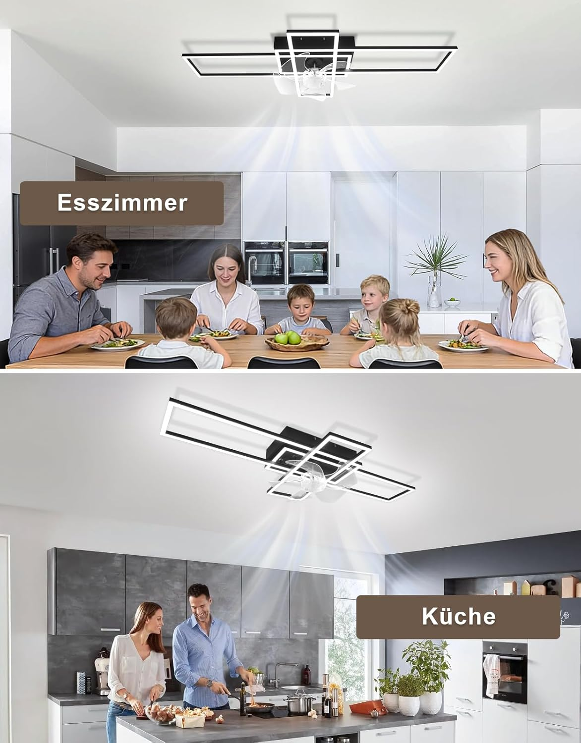 Famiglia mangia a tavola, coppia cucina in cucina, lampada da soffitto moderna.