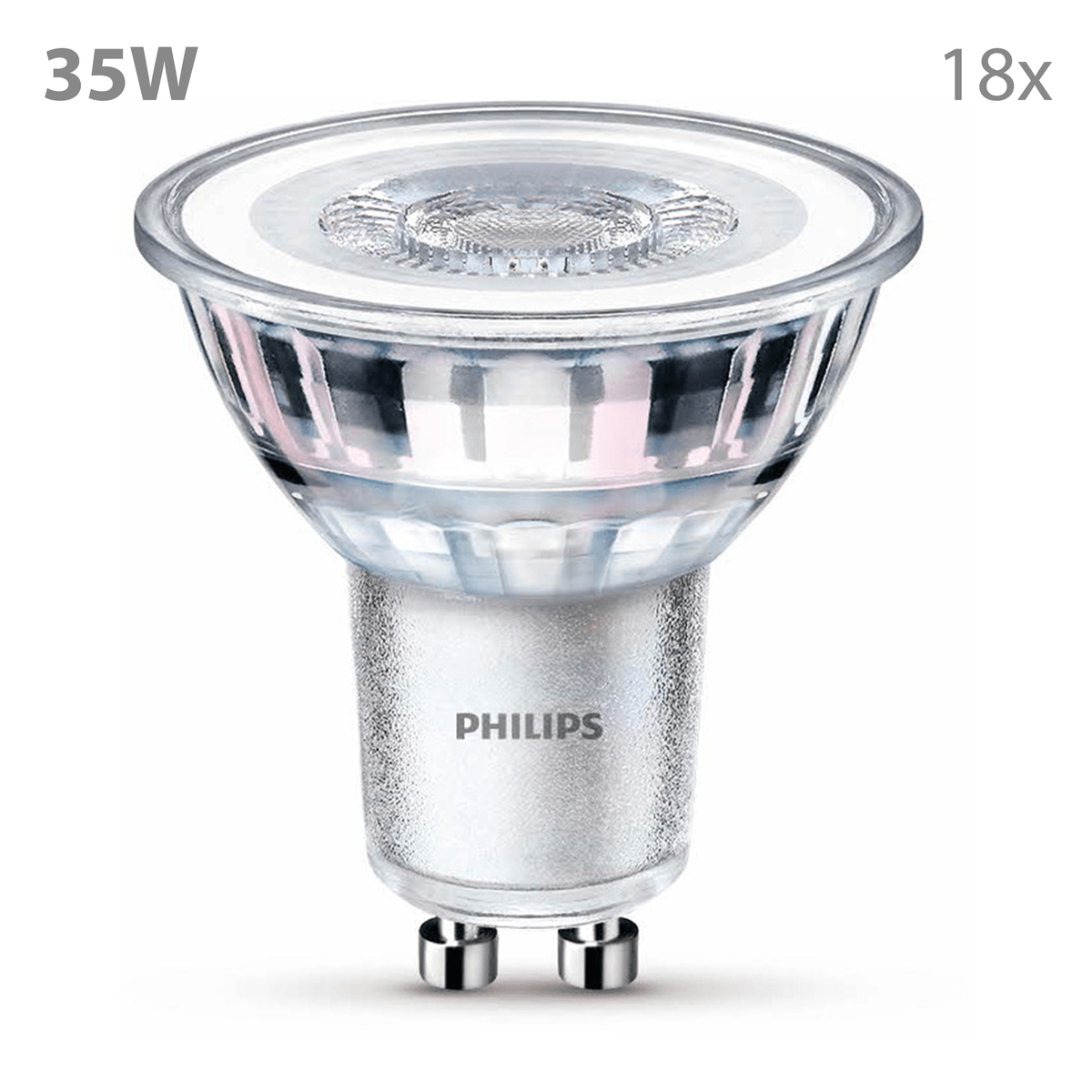 Een 35W Philips GU10 lamp met zilveren voet en twee pinnen.