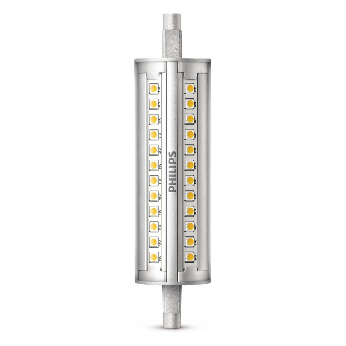 A white LED bulb with silver connectors and yellow LEDs.