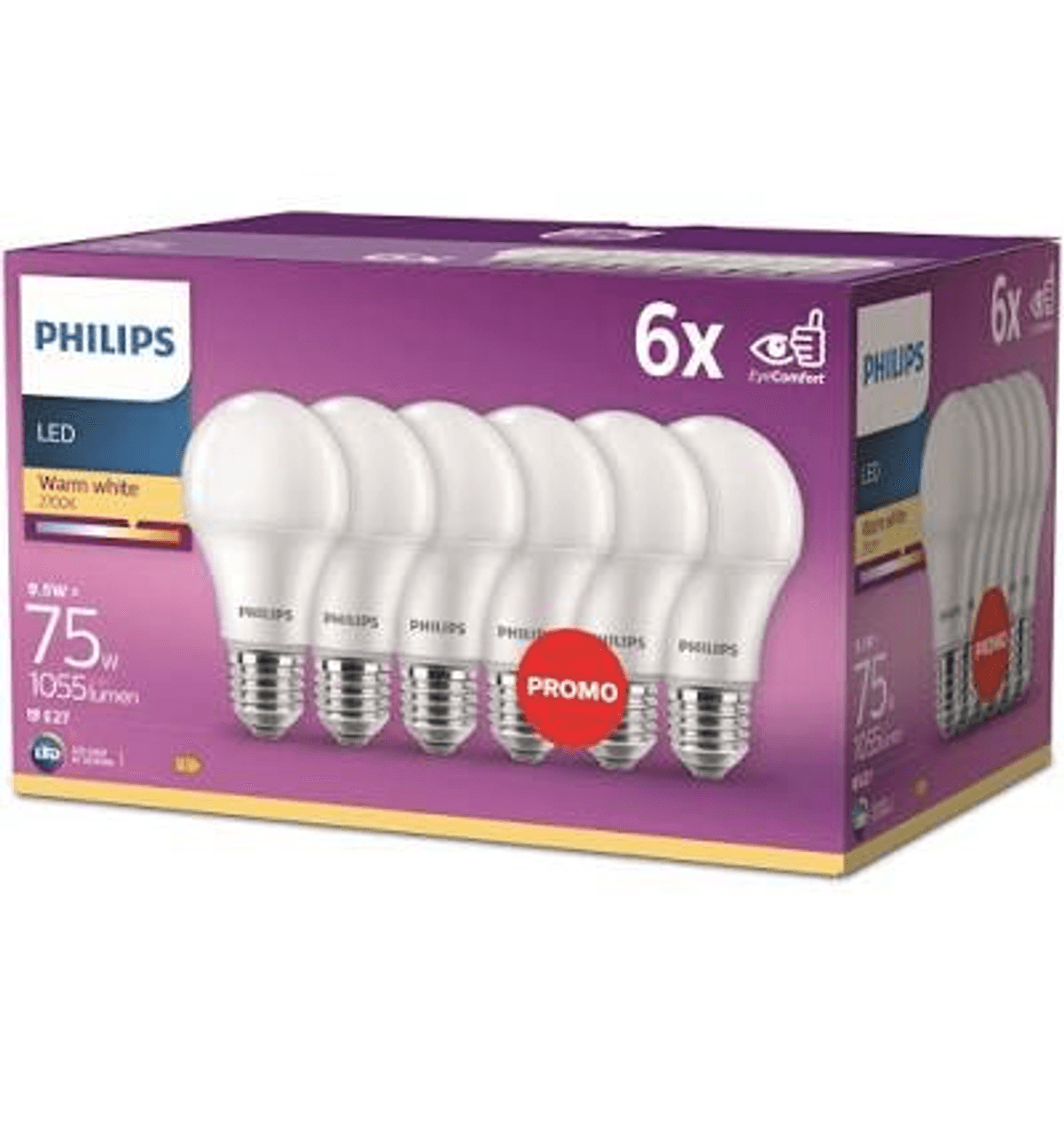 Caja de seis bombillas LED Philips, 9,5W, equivalente a 75W, 1055 lúmenes, blanco cálido.