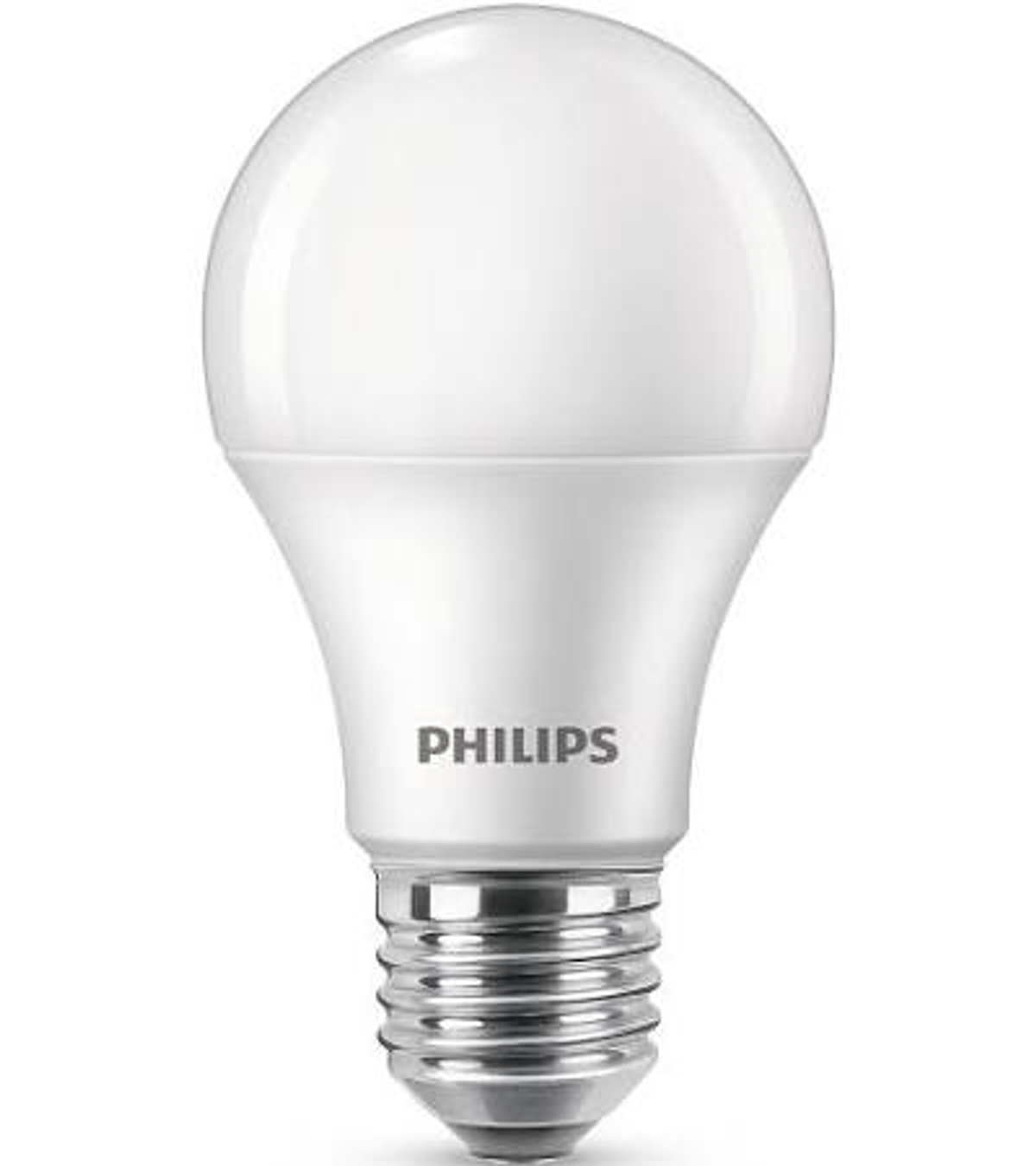 Una bombilla LED Philips blanca con base de rosca plateada sobre fondo blanco.