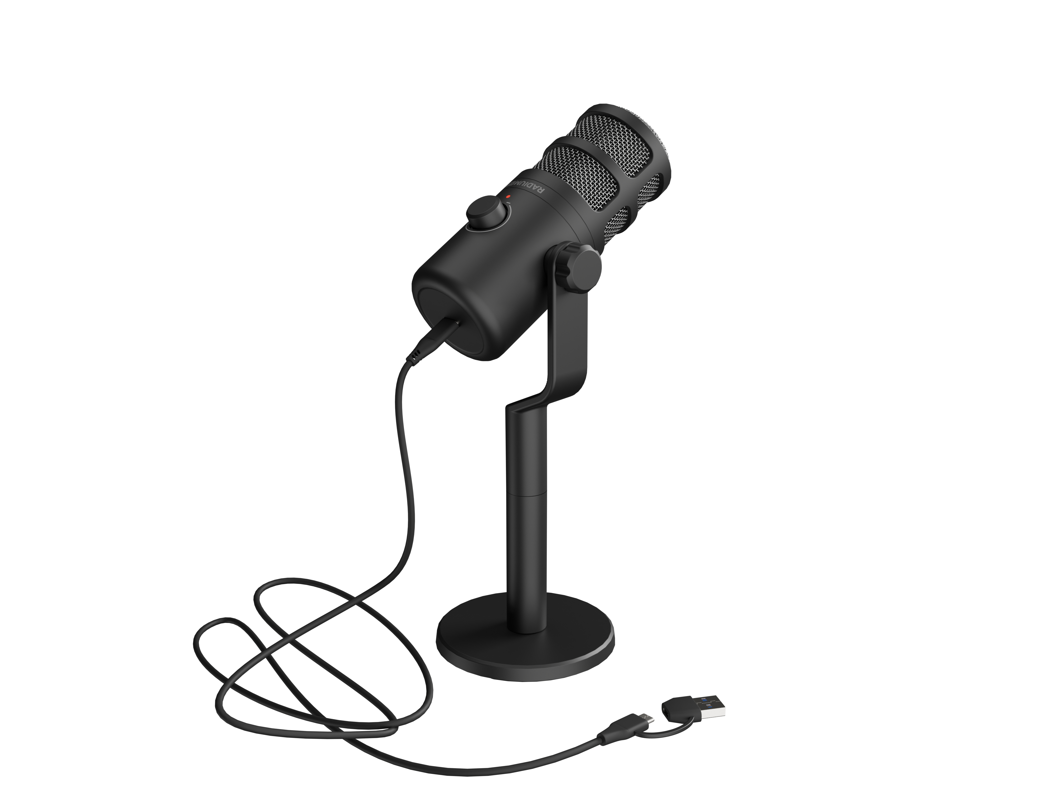 Un microfono USB nero con supporto e cavo su sfondo bianco.