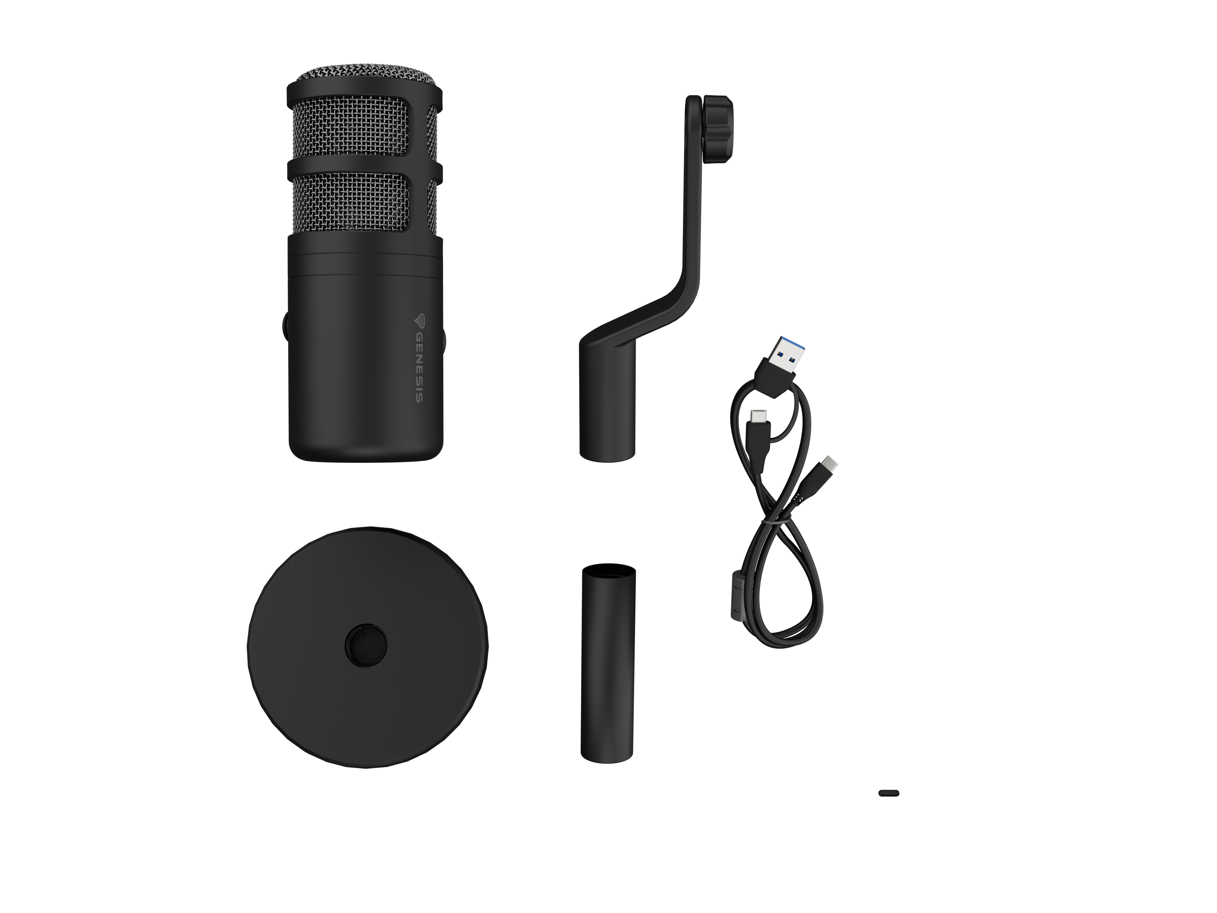Microfono nero con accessori: supporto, cavo e staffa.